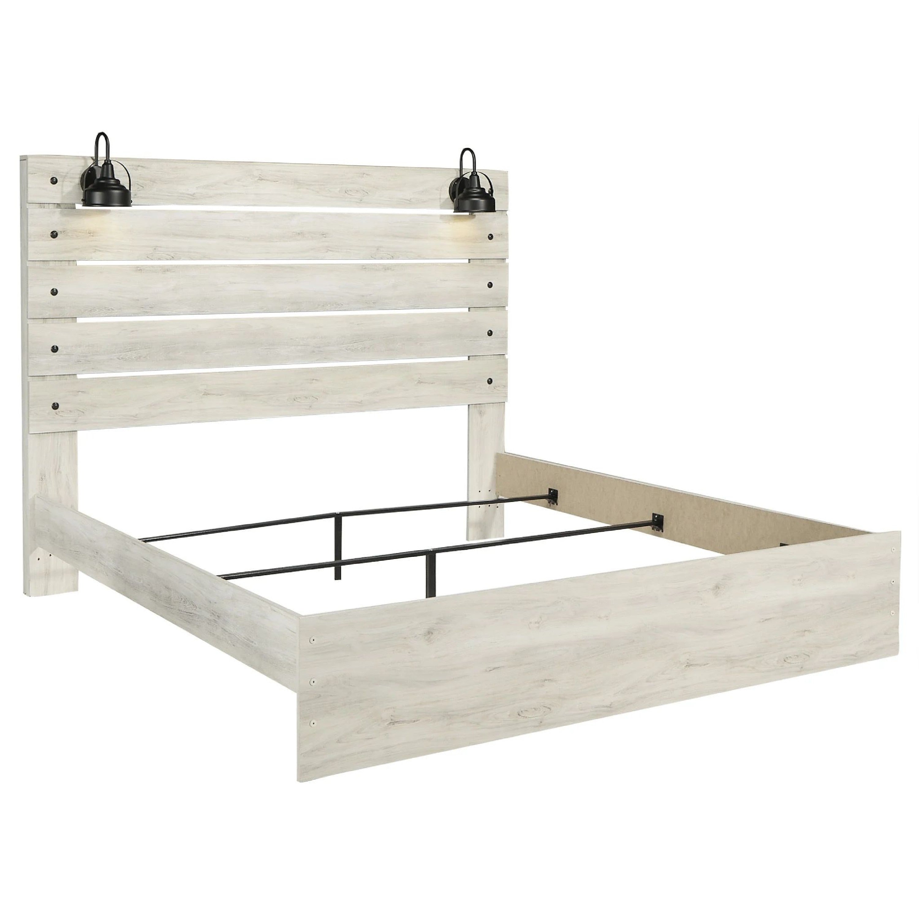 Cemy King Size Bed Open Slat Headboard W 2 Sconce Lights Whitewash
