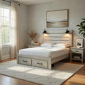 Cemy Queen Size Bed 2 Footboard Drawers 2 Sconce Lights Whitewash