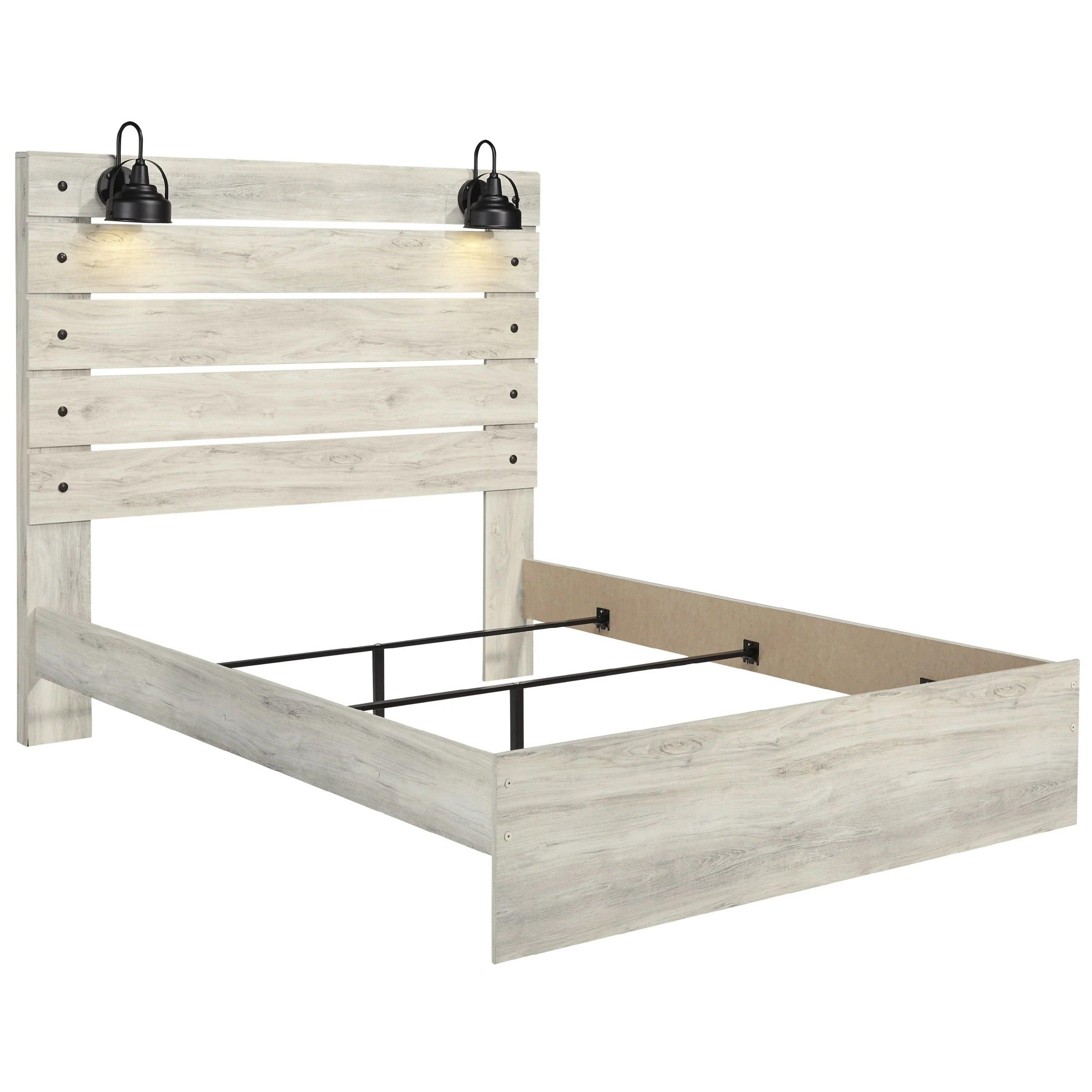 Cemy Queen Size Bed Open Slat Headboard W 2 Sconce Lights Whitewash