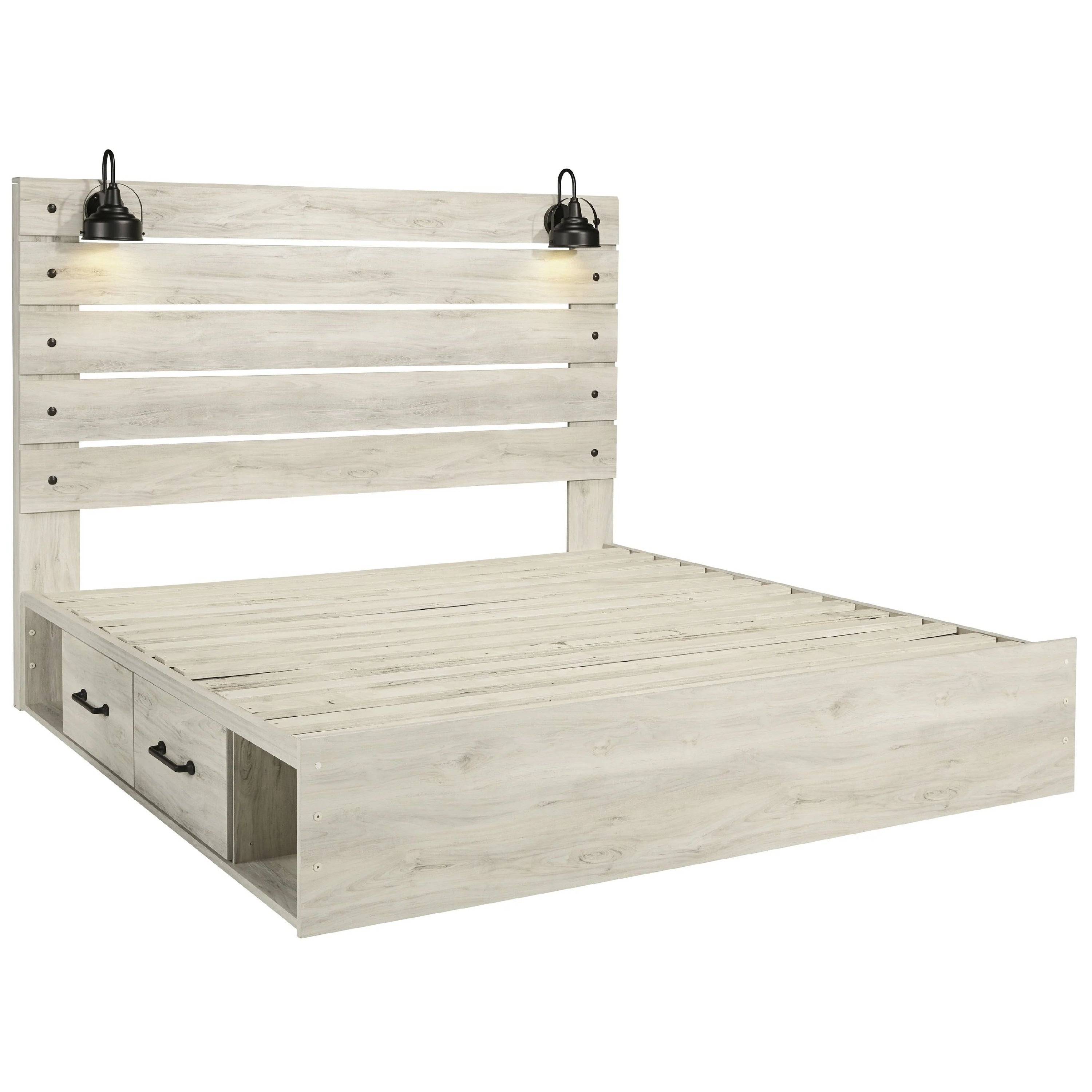 Cemy Rustic King Panel Bed 2 Sconce Lights And 4 Drawers Whitewash