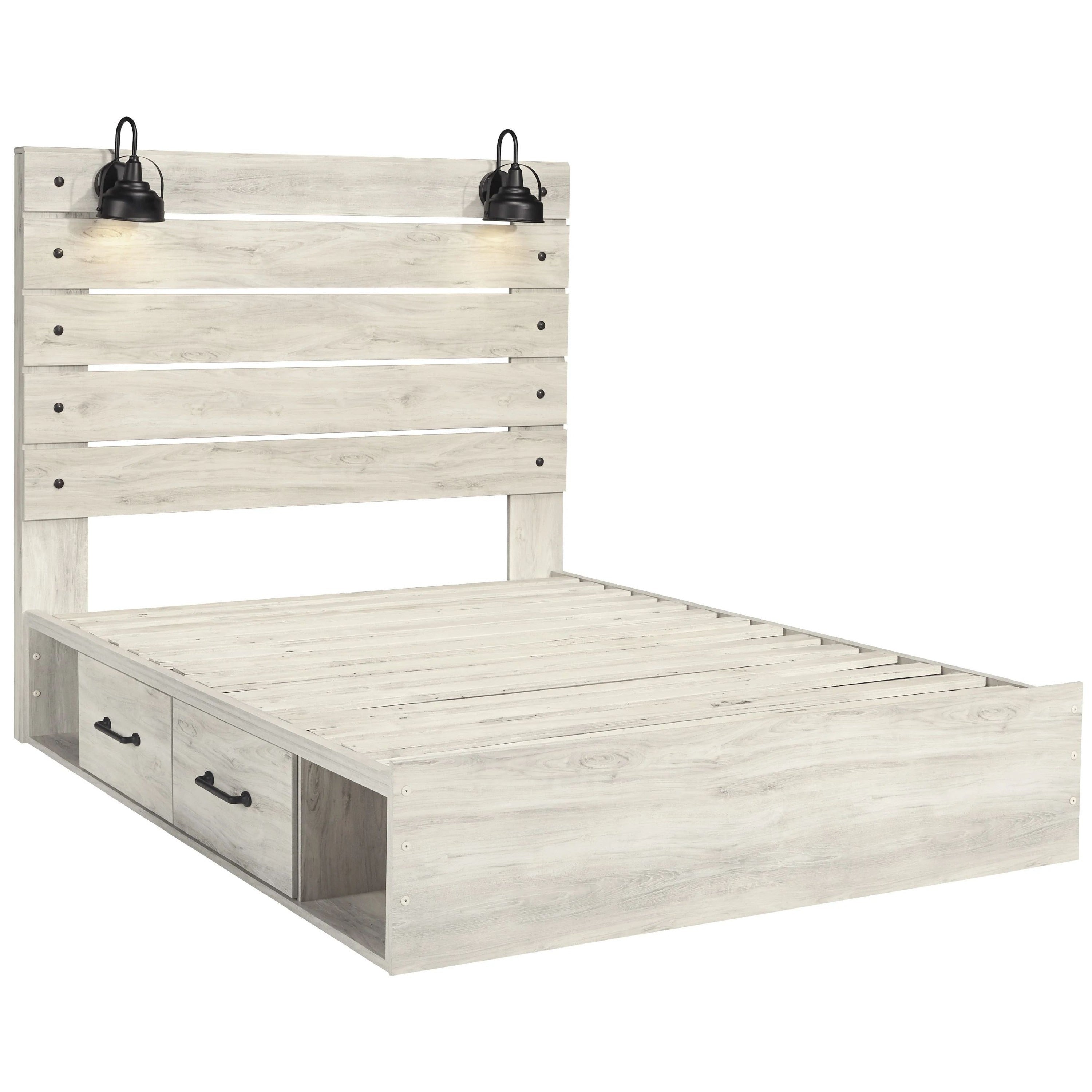 Cemy Rustic King Panel Bed 2 Sconce Lights And Drawers Whitewash