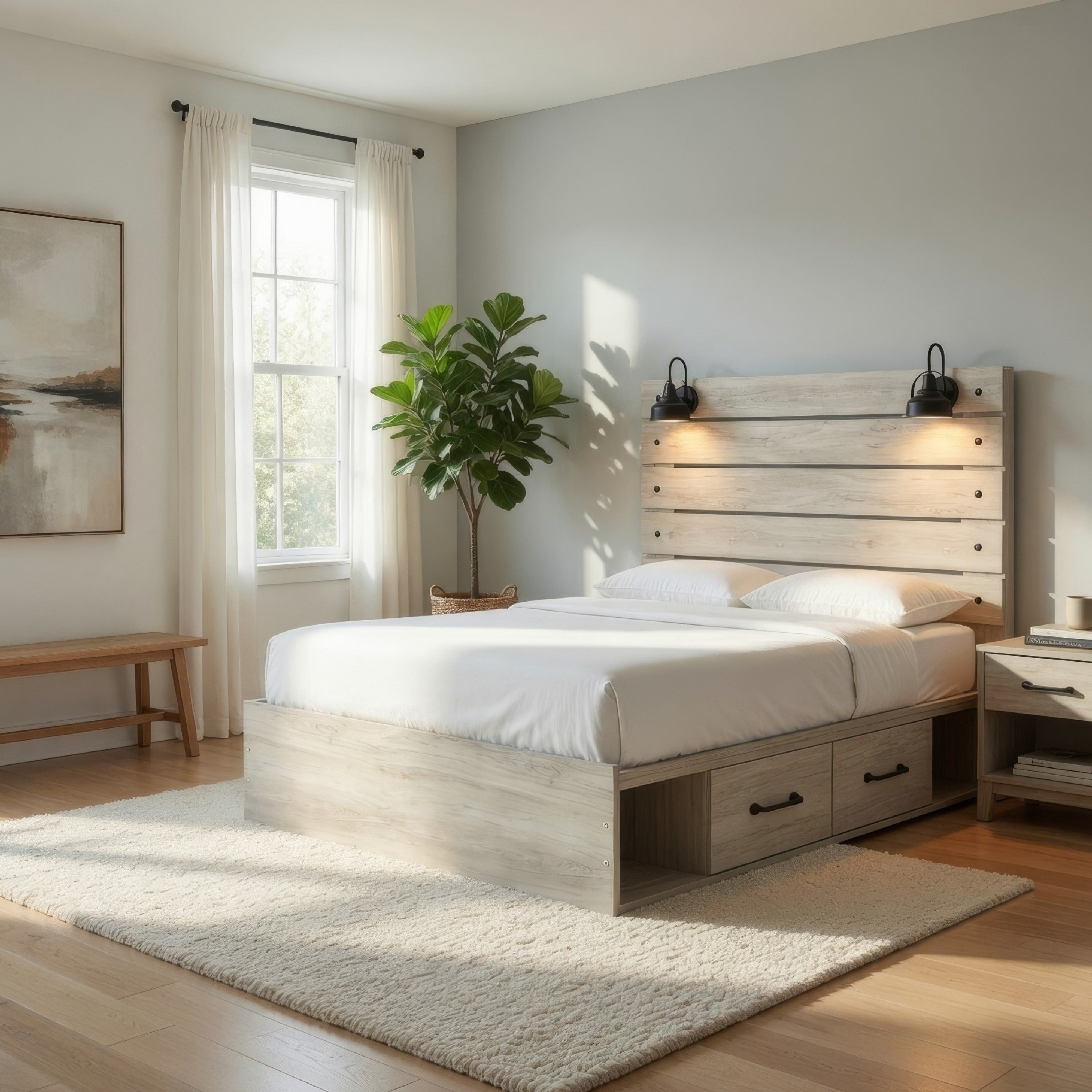 Cemy Rustic Queen Panel Bed 2 Sconce Lights And 4 Drawers Whitewash