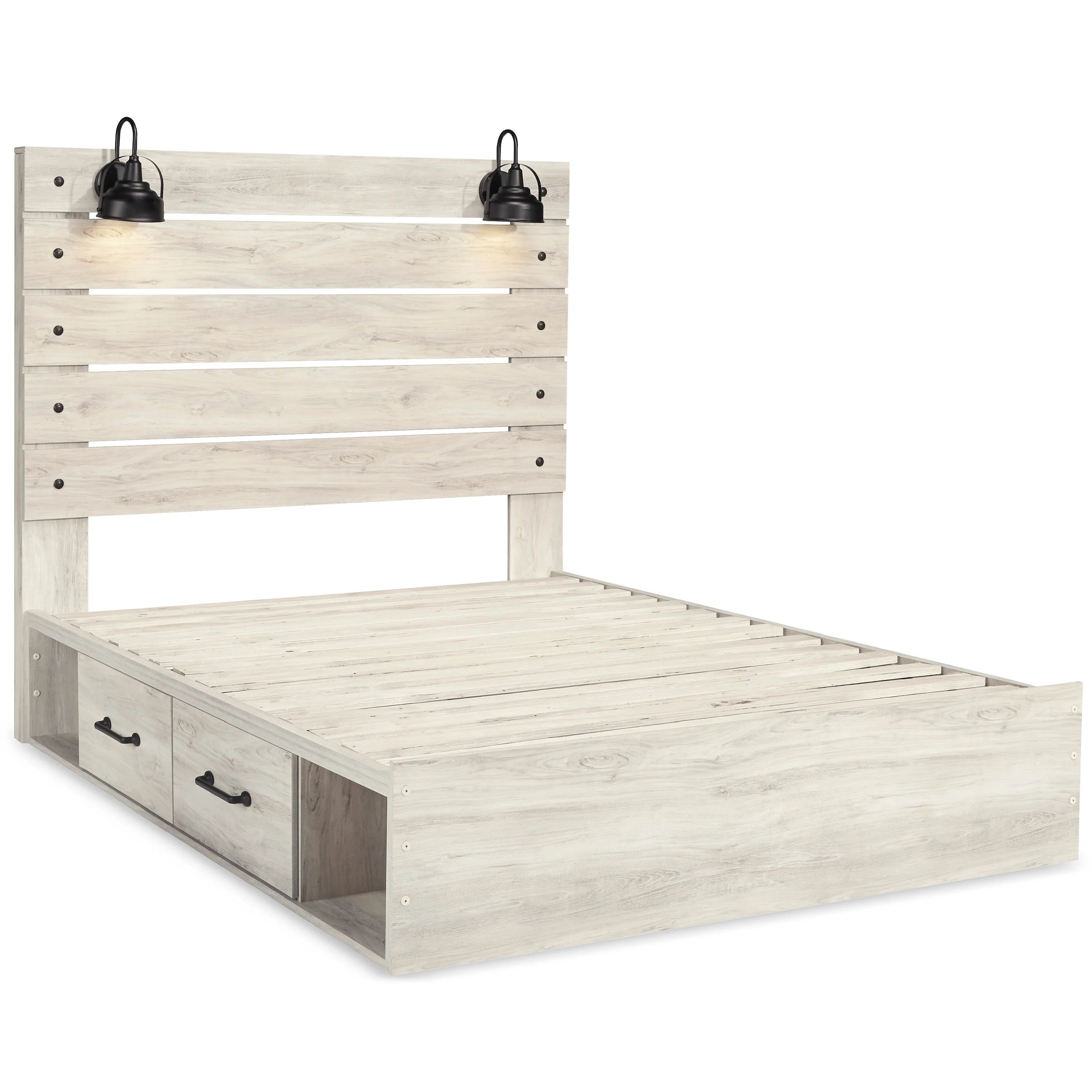 Cemy Rustic Queen Panel Bed 2 Sconce Lights And Drawers Whitewash