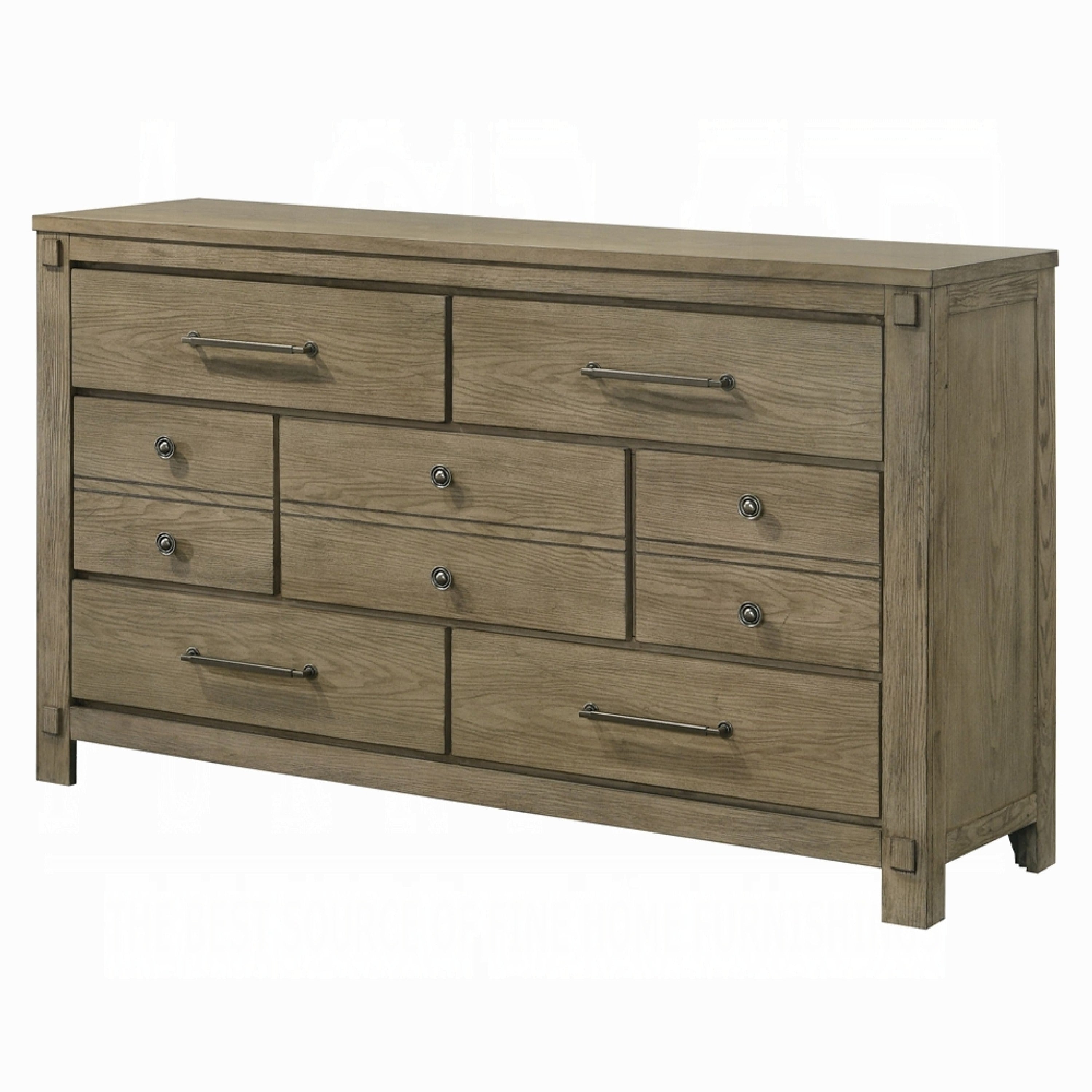 Cera Wide Dresser 7 Drawers Bronze Handles Antique White Oak Tone Wood