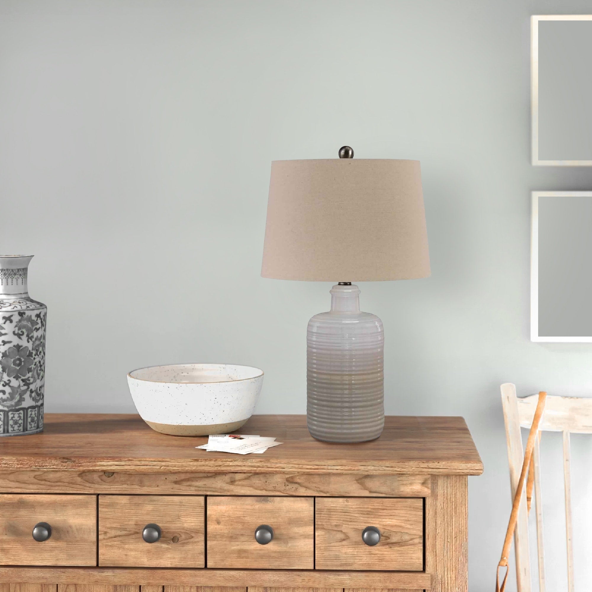 Ceramic Body Table Lamp With Brushed Details Set Of 2 Beige And White