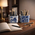 Ceramic Container Asian Landscape Floral Design Set Of 2 4 Blue 5.5