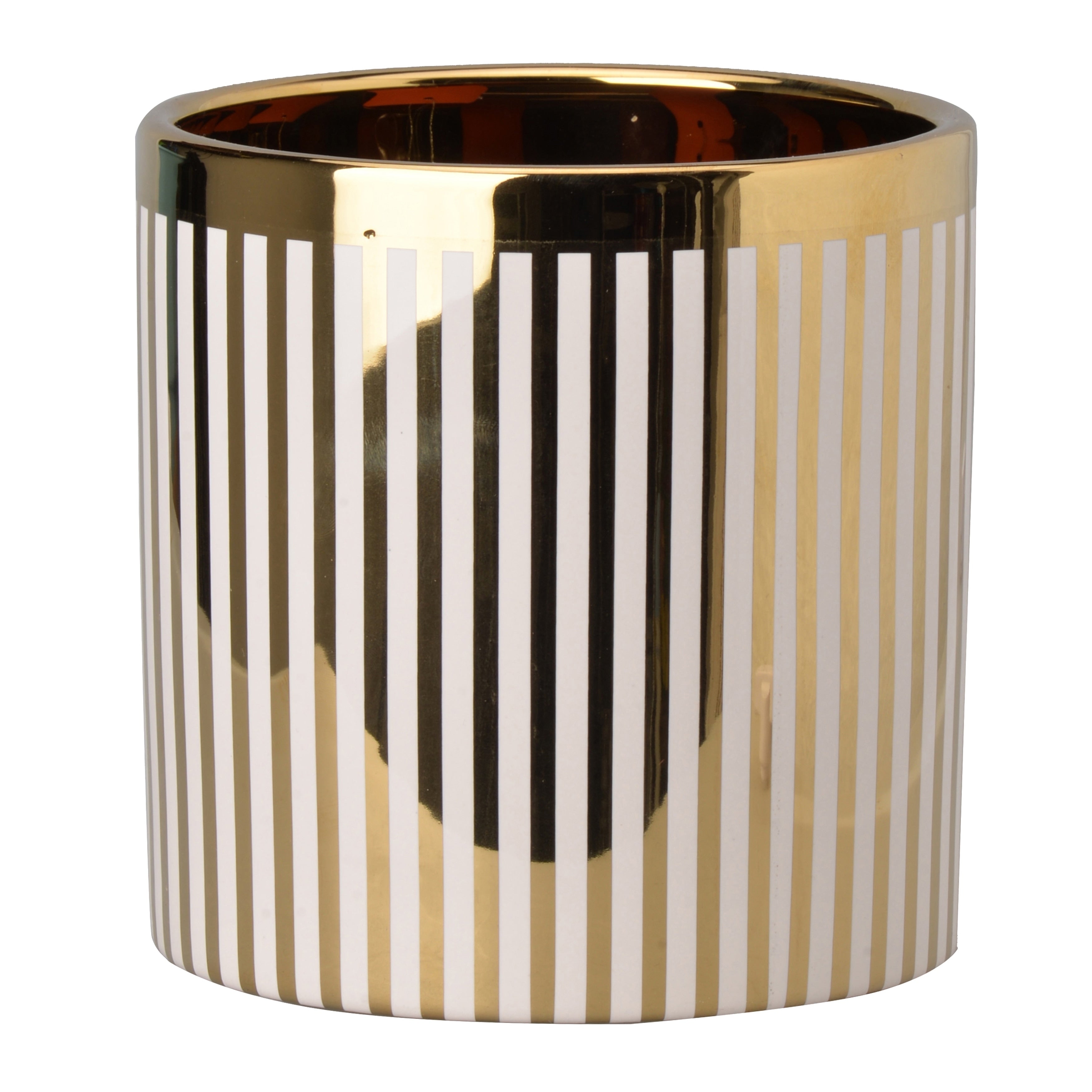 Ceramic Cylindrical Planter With Strips Pattern White And Gold