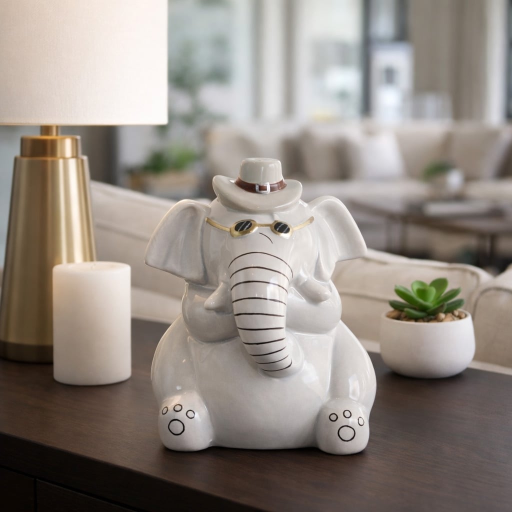 Ceramic Elephant Figurine With Hat And Eyeglasses 6 Gray Black 6.0