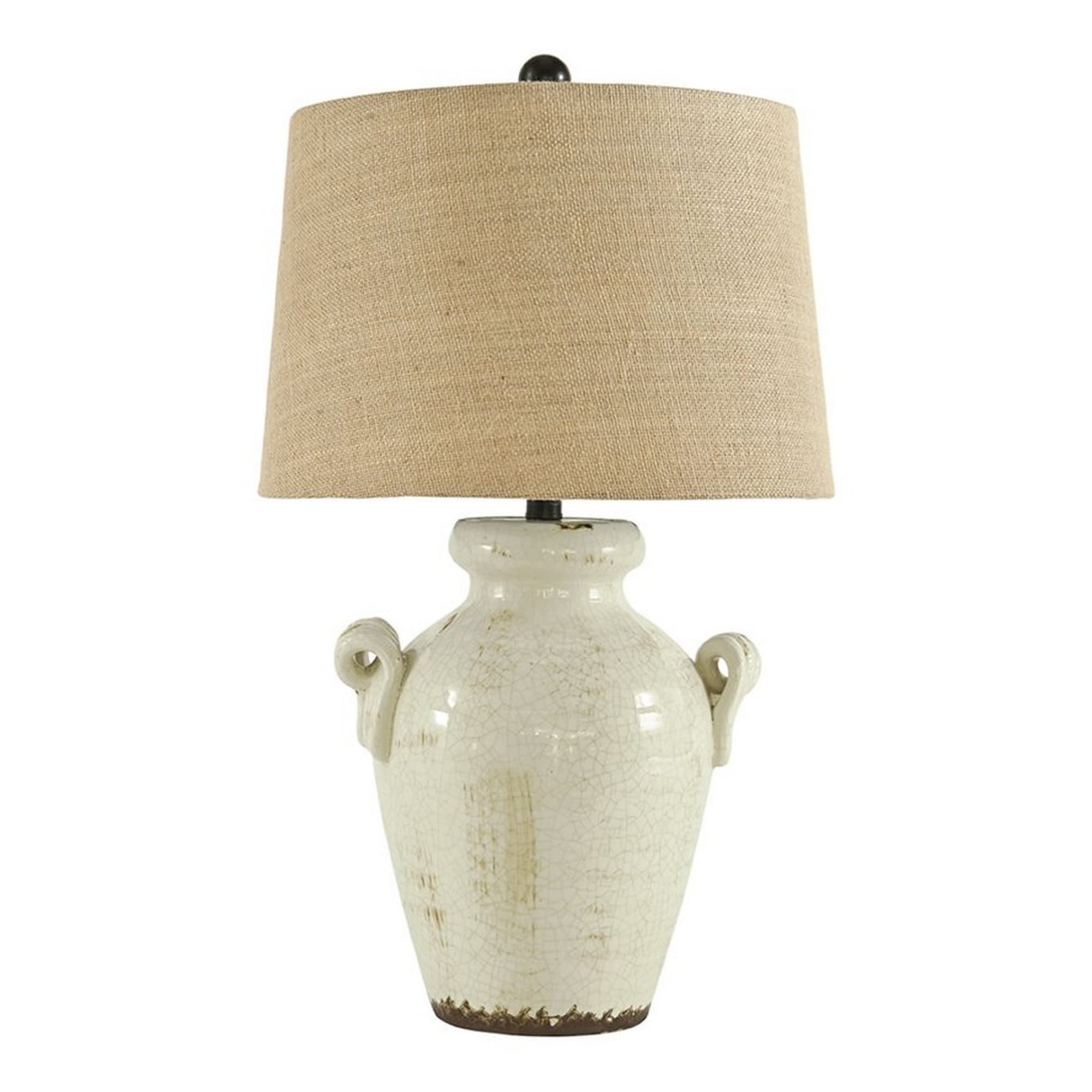 Ceramic Table Lamp With Vase Shaped Body And Fabric Shade White And Beige