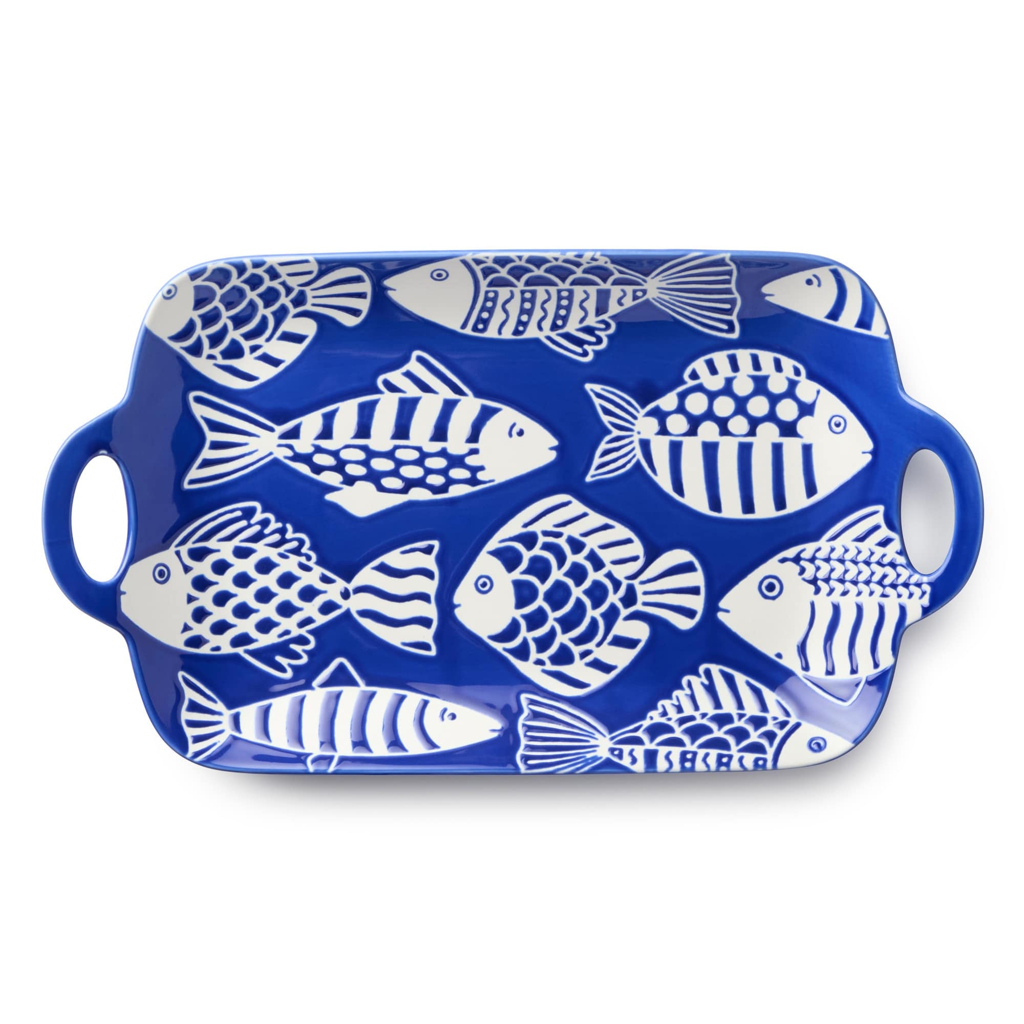 Certified International Fish Tale Porcelain Rectangular Tray With Handles 14.25 L X 8.00 W X 1.50 H