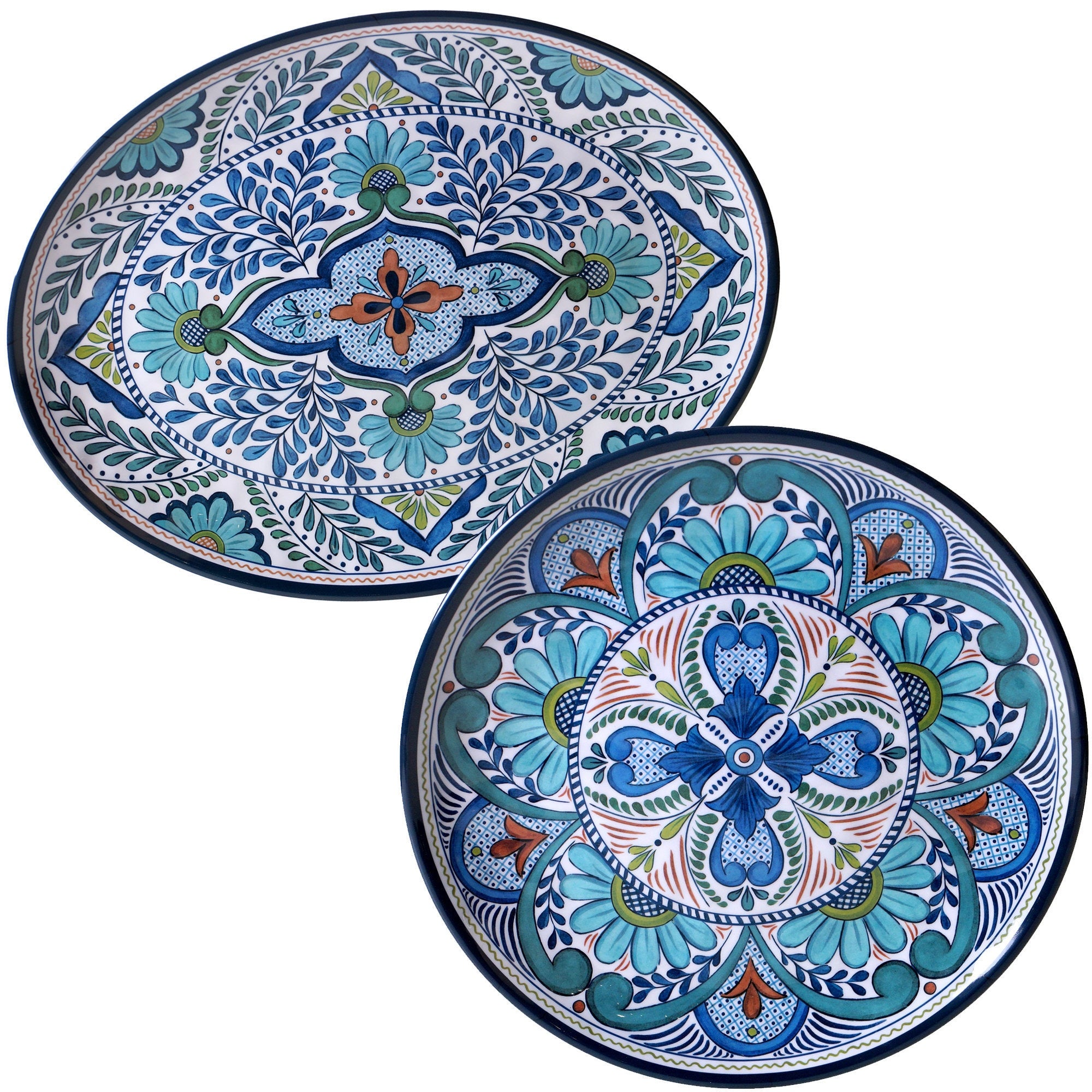 Certified International Nancy Green Talavera Floral White Blue And Green Melamine Round And Oval Platter Set Set Of 2