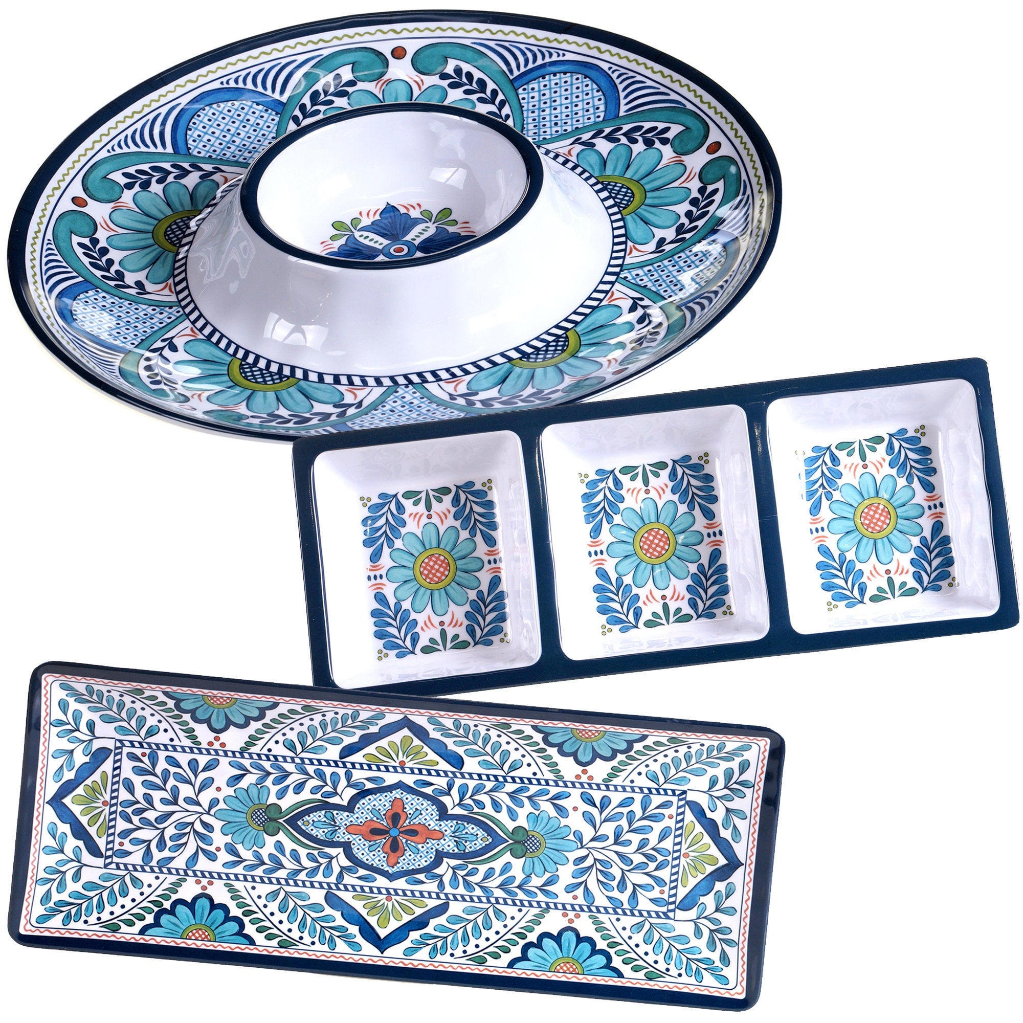 Certified International Talavera Multicolored Melamine 3 Piece Hostess Serving Set