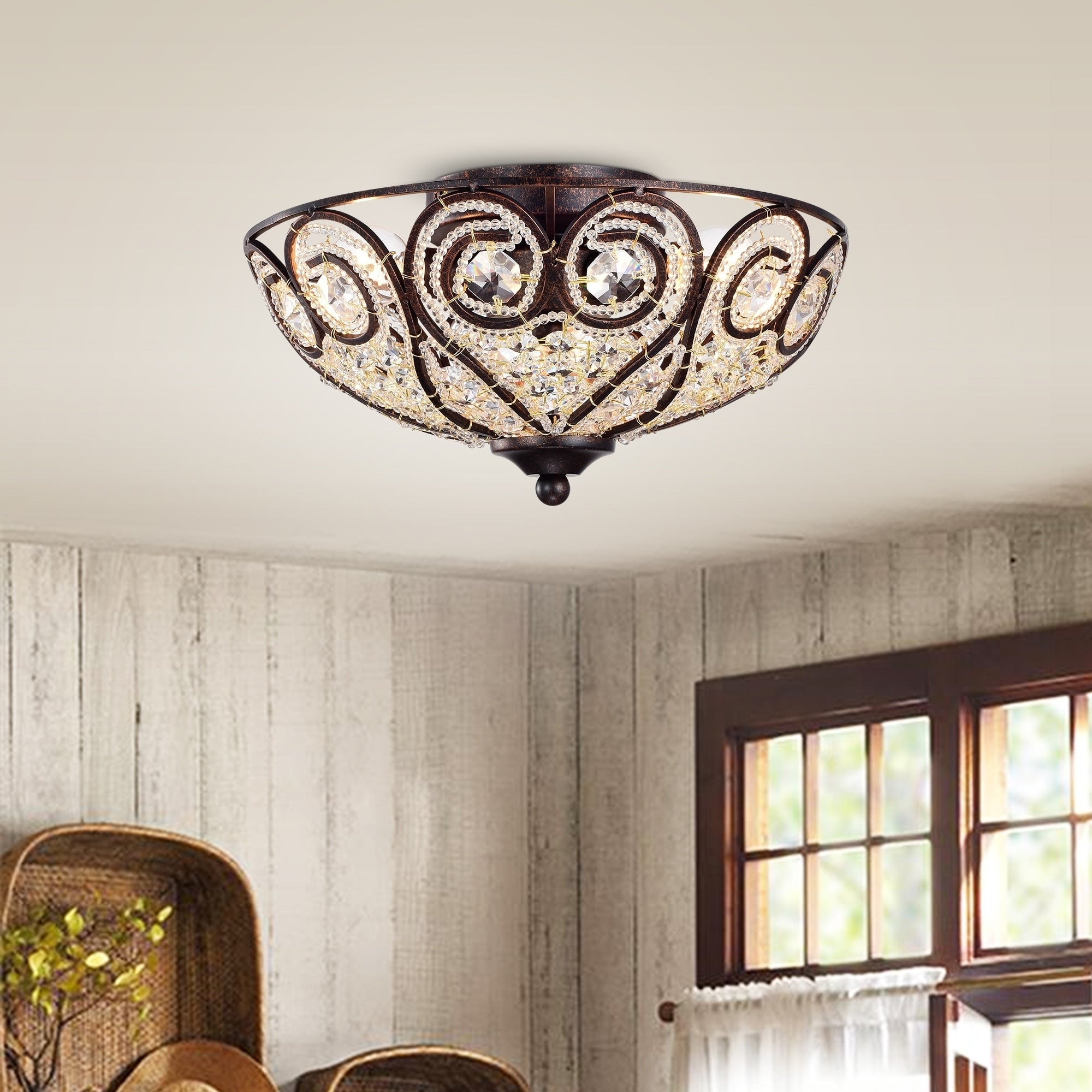 Ceslee 3 Light Rustic Bronze Flushmount Ceiling Lamp With Heart Scroll Crystal Shade