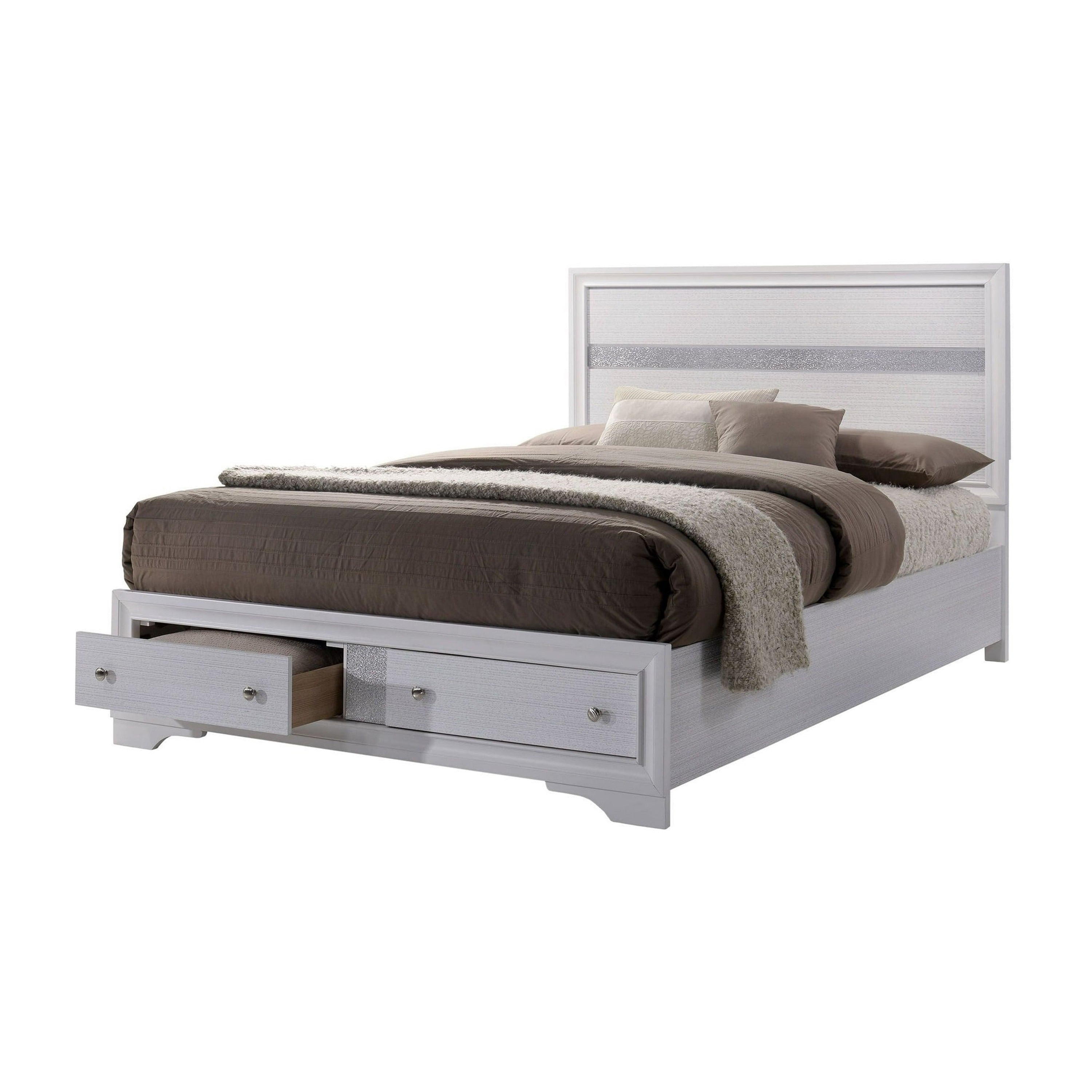 Cevy Full Size Bed Footboard Drawers White Wood W Glitter Accents