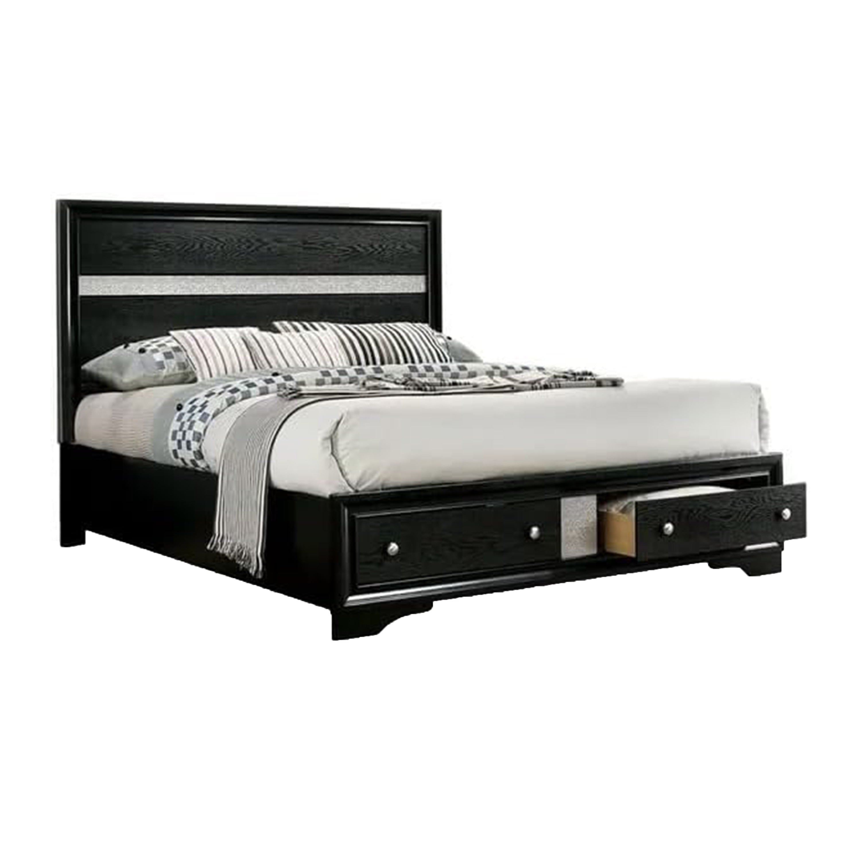 Cevy Queen Size Bed Footboard Drawers Black Wood W Glitter Accents
