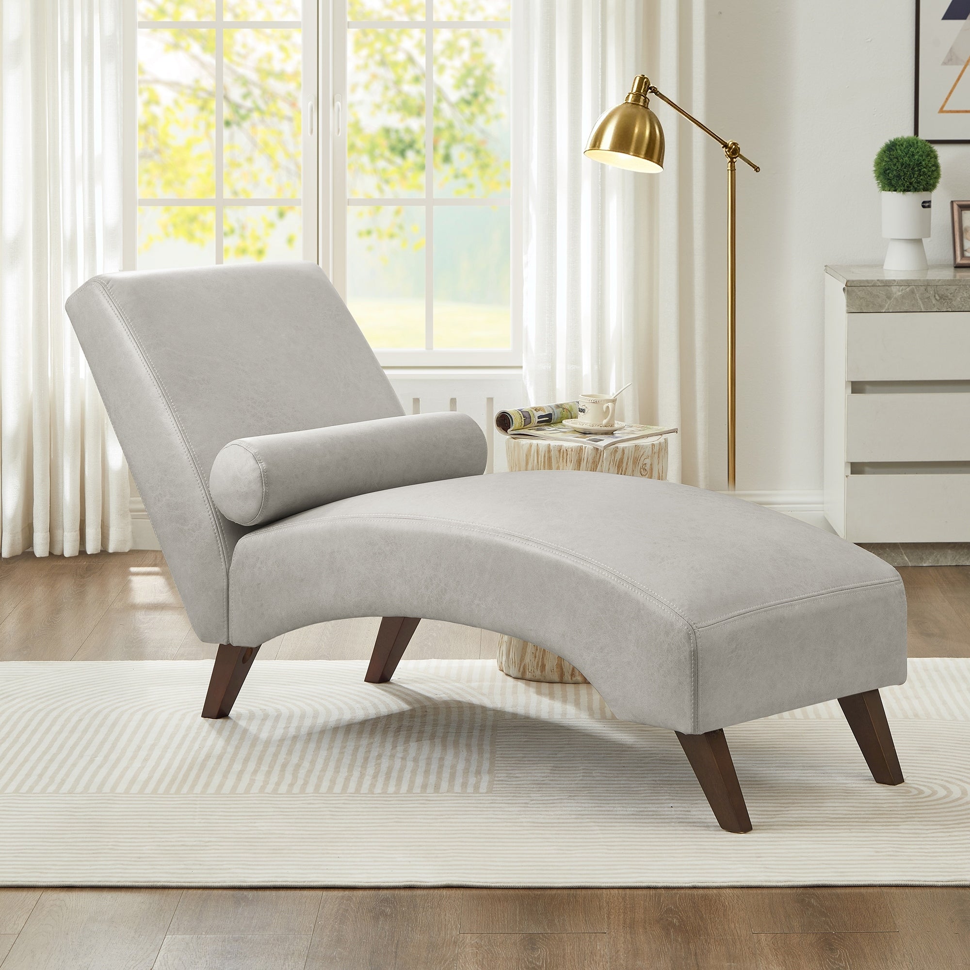 Chaise Lounge Chair With Bolster Pillow Upholstered In Premium Tech Fabric Mid Century Modern Curved Lounger 400 Lbs Capacity