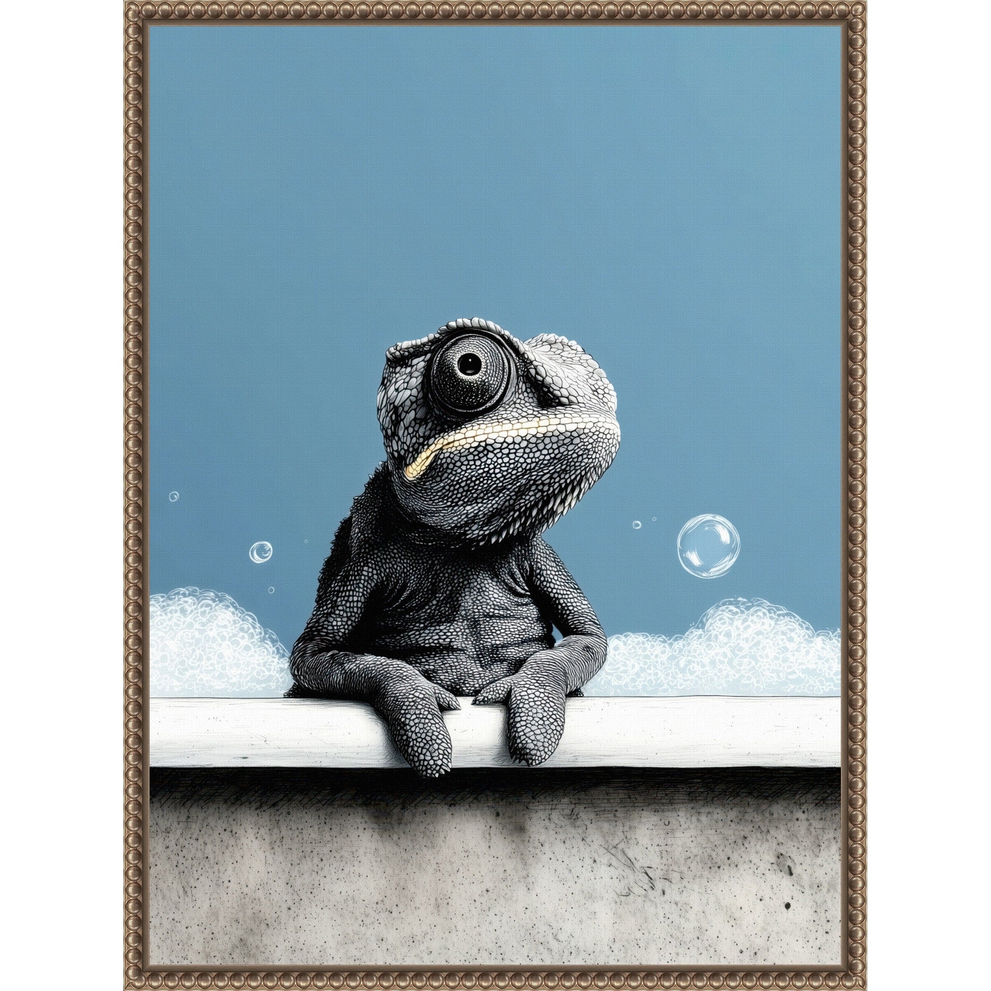 Chameleon In Bathtube 3 By Justyna Jaszke Framed Canvas Wall Art