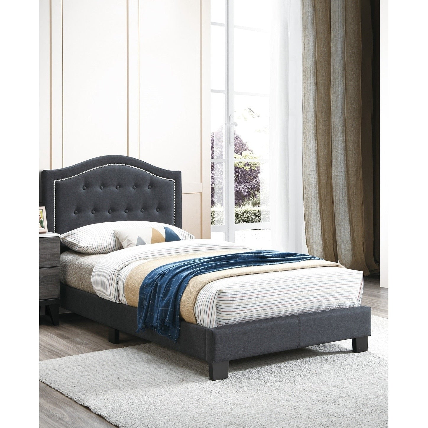 Charcoal Finish 1Pc Bed Set Platform Bed Adjustable Headboard