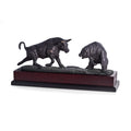 Charging Bull Bear Sculpture With Bronzed Metal Finish On Burl Wood Base.