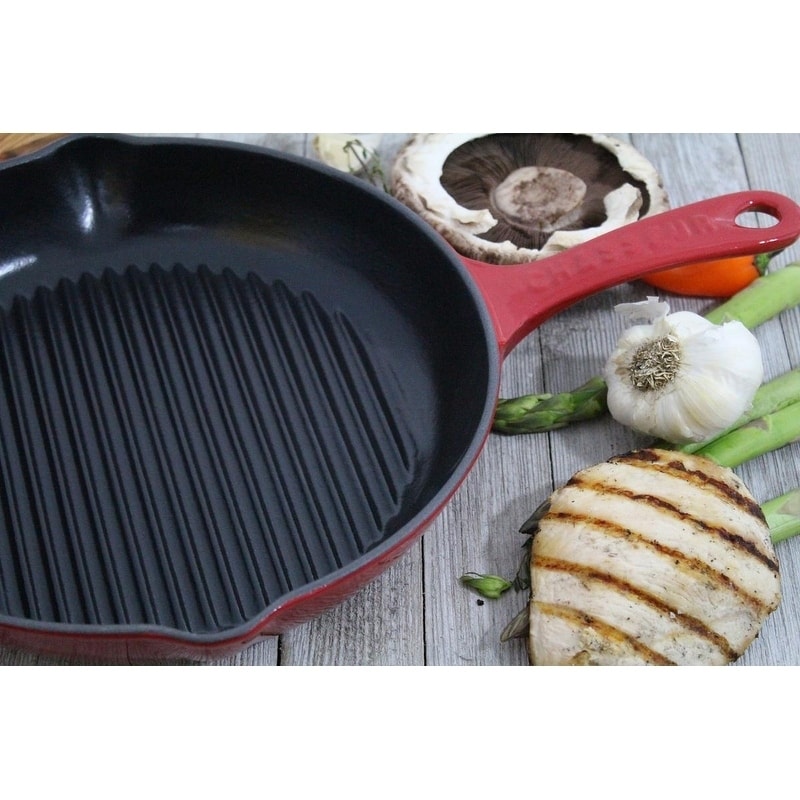 Chasseur 10 Inch Red Round French Enameled Cast Iron Grill Pan 16 L X 11 W X 2.5 H
