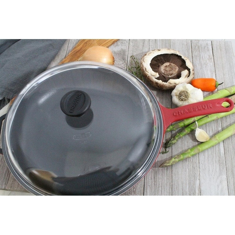 Chasseur 11 Inch Red French Enameled Cast Iron Fry Pan With Glass Lid