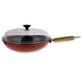 Chasseur 11 Inch Red French Enameled Cast Iron Fry Pan With Wooden Handle And Glass Lid