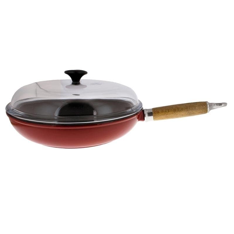 Chasseur 11 Inch Red French Enameled Cast Iron Fry Pan With Wooden Handle And Glass Lid