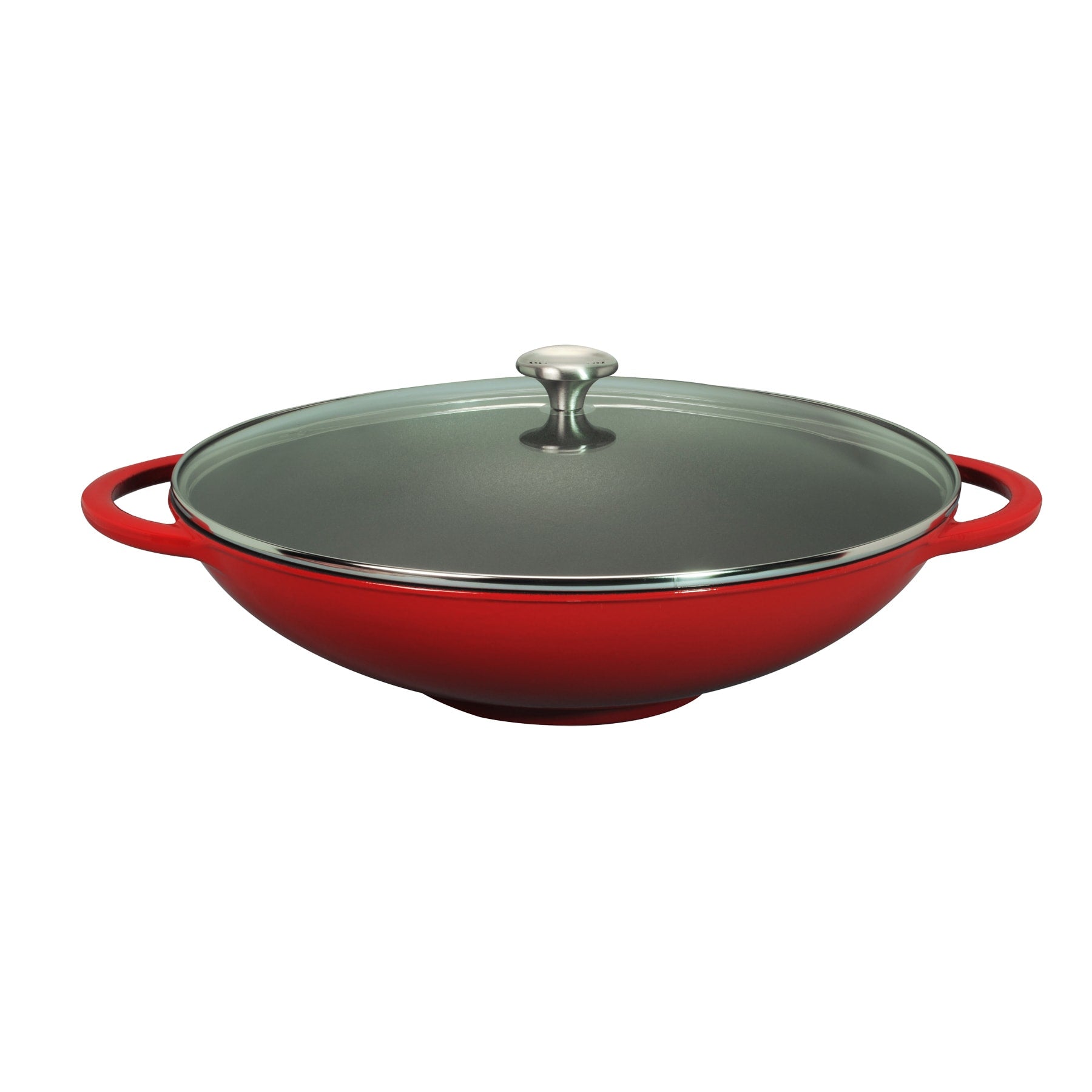 Chasseur 16 Inch Red French Enameled Cast Iron Wok With Glass Lid