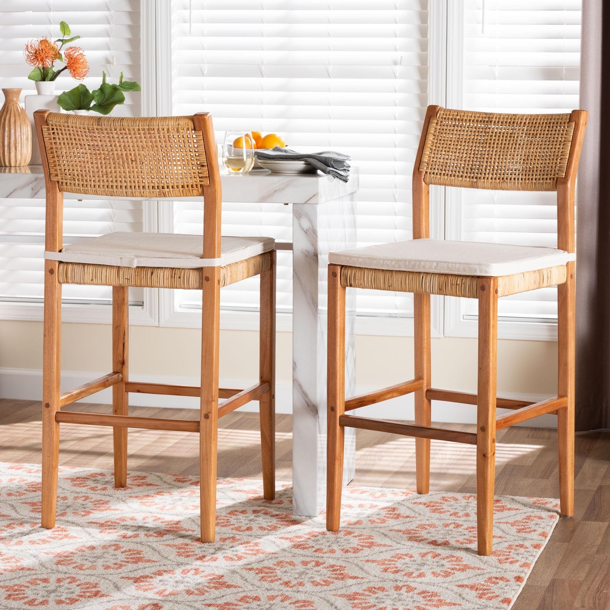 Chatura Natural Rattan And Mahogany Wood Bar Stool Handwoven Wicker Stool With Angled Back Coastal Boho Seating For Lounge