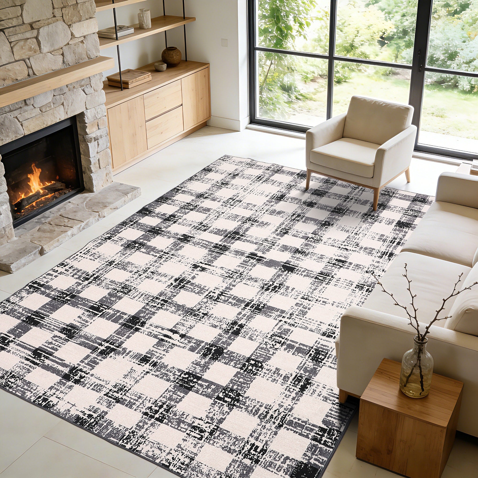 Checkered Area Rug Washable Modern Geometric Rug Non Slip Low Pile Soft Carpet For Bedroom Living Room Dining Room