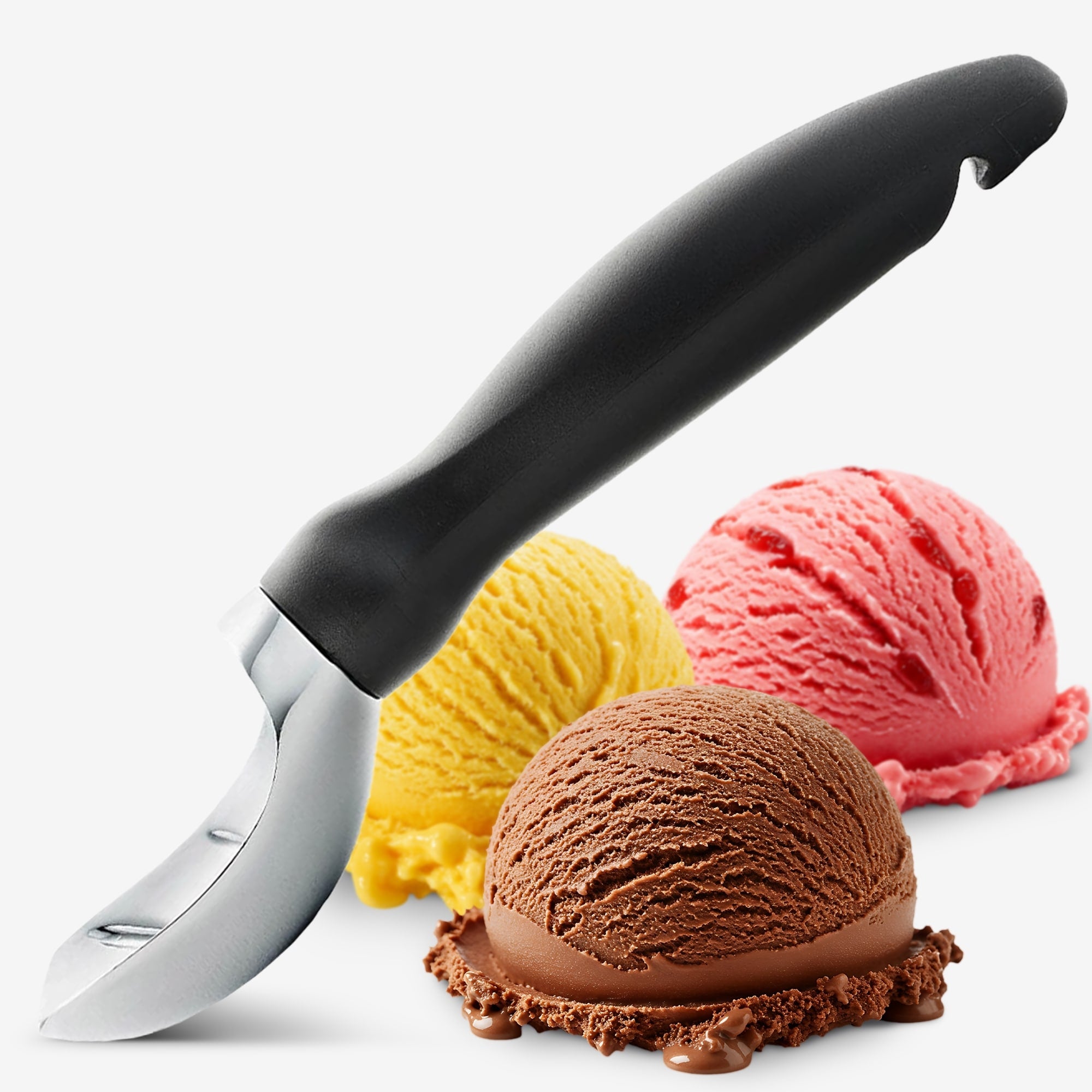Cheer Collection Heavy Duty Ice Cream Scoop Stainless Steel With Curved Head And Lid Opener Black 7.87 Inch