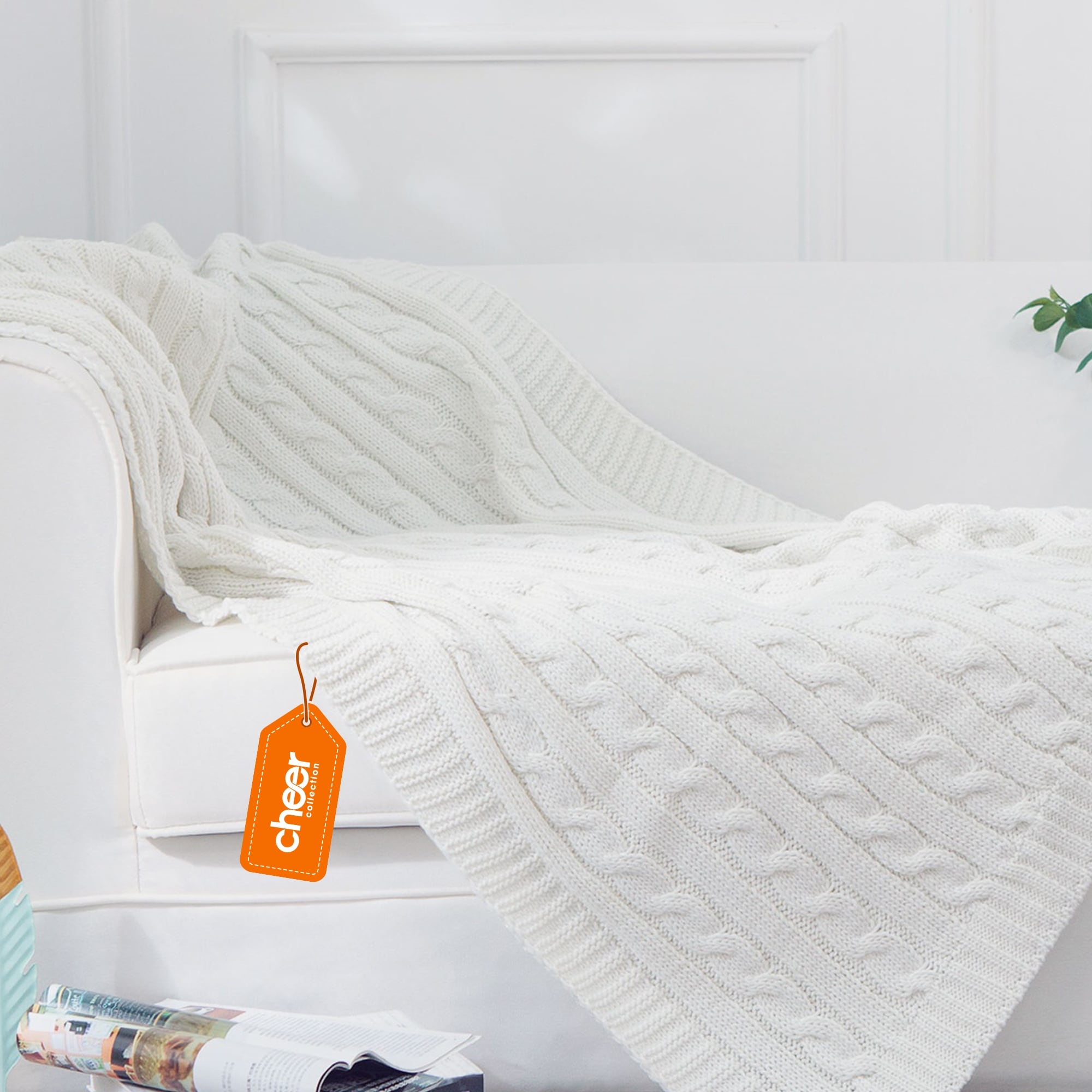 Cheer Collection Knitted Acrylic Ivory Throw Blanket