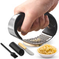Cheer Collection Stainless Steel Garlic Press Rocker Set With Peeler Scraper And Cleaning Brush Black
