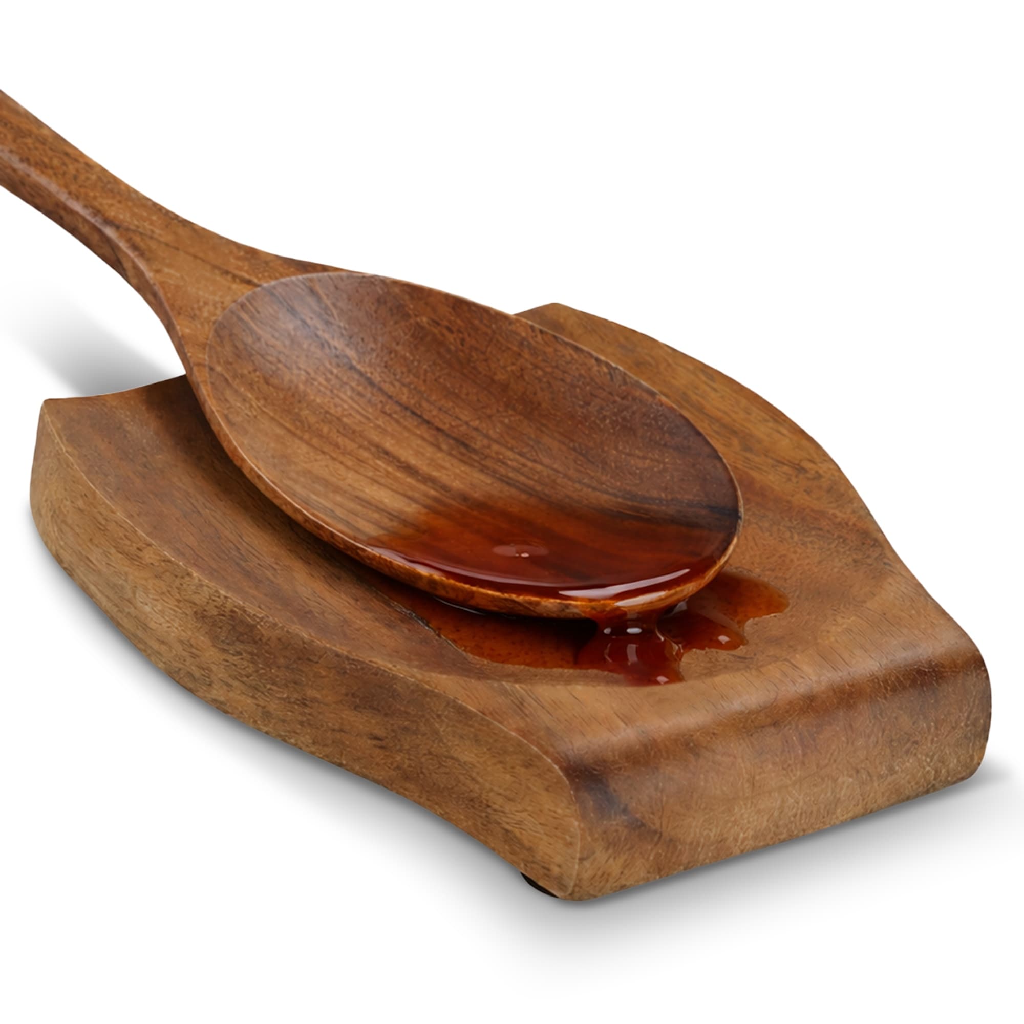 Cheer Collection Teak Wood Spoon Rest With Non Slip Base Curved Drip Catch Design