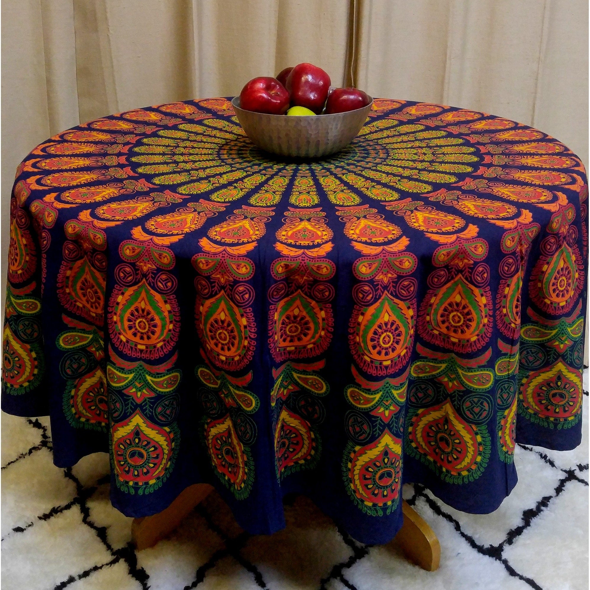 Handmade Sanganer Peacock Mandala 72 Round Cotton Tablecloth Gorgeous Blue Green Red