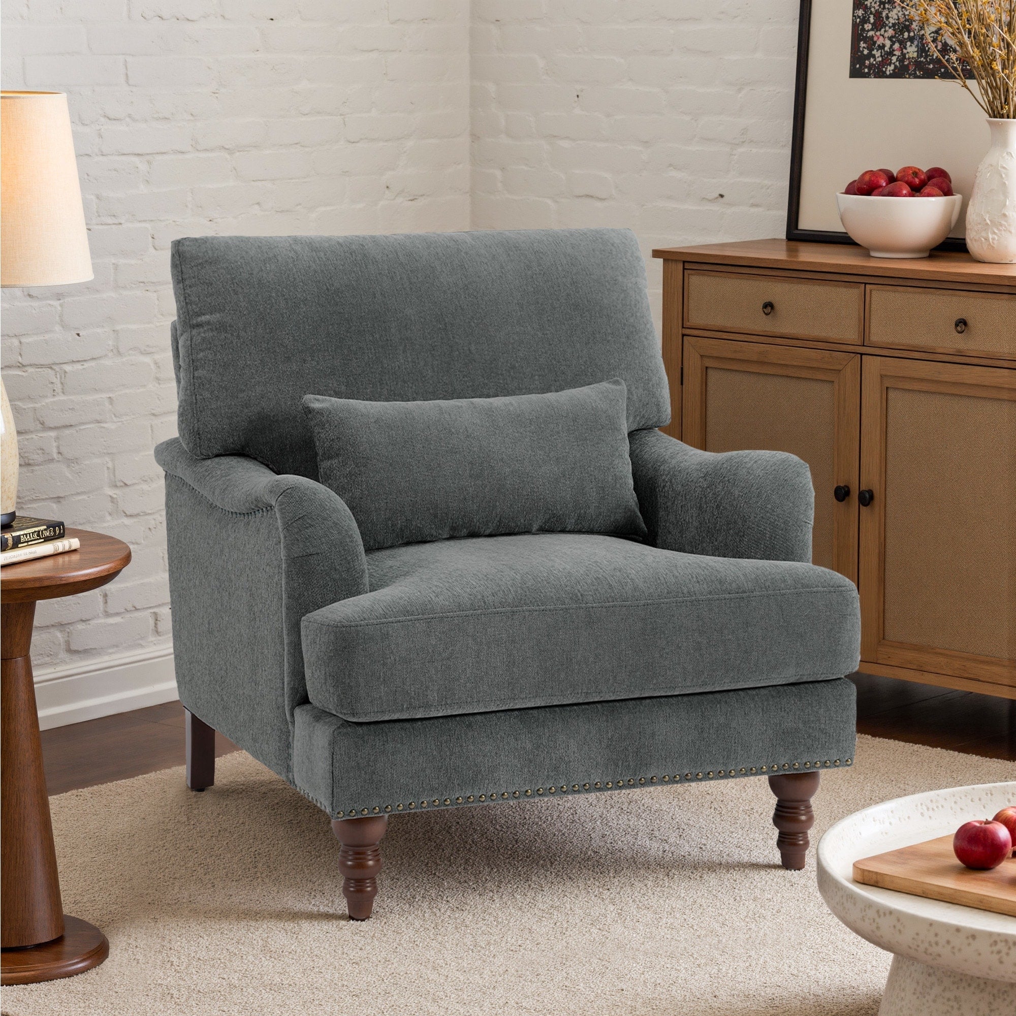 Chenille Accent Chair With Lumbar Pillow Nailhead Living Room
