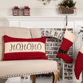 Red Farmhouse Holiday Decor Vhc Chenille Christmas Ho Ho Ho 14X22 Pillow Cotton Text Appliqued Pom Pom Lace Chenille