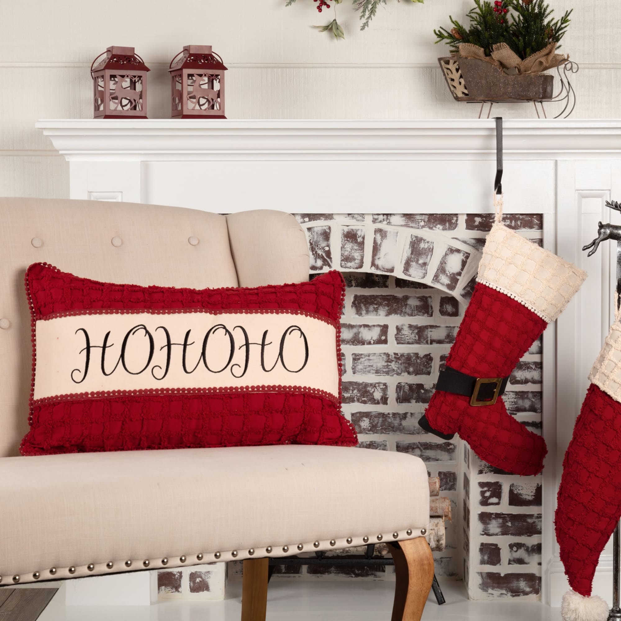 Red Farmhouse Holiday Decor Vhc Chenille Christmas Ho Ho Ho 14X22 Pillow Cotton Text Appliqued Pom Pom Lace Chenille
