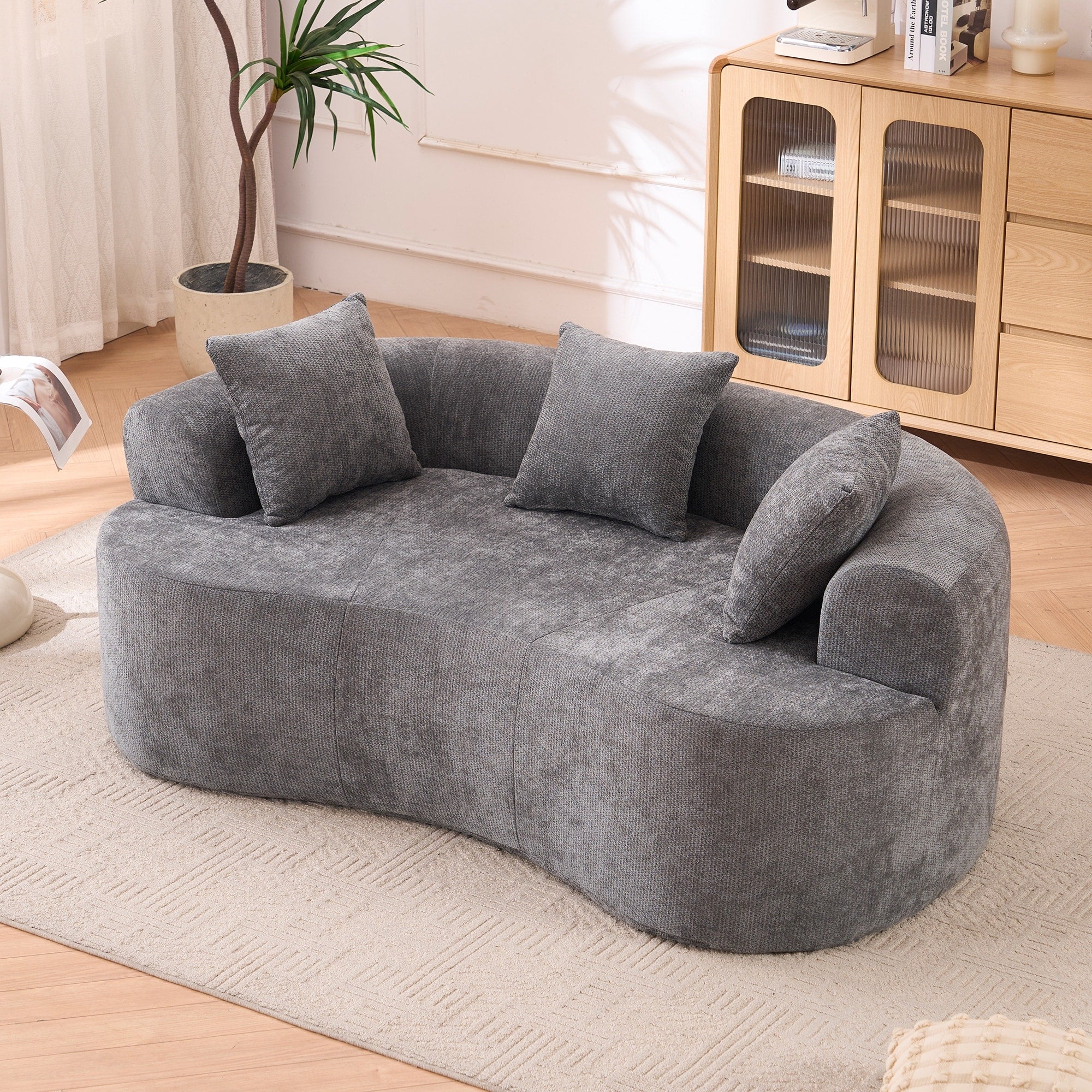 Chenille Crescent Shaped Loveseat Sofa High Resilience Foam Filled 3 Seater Sofa Upholstered Floor Sofa With Pillows