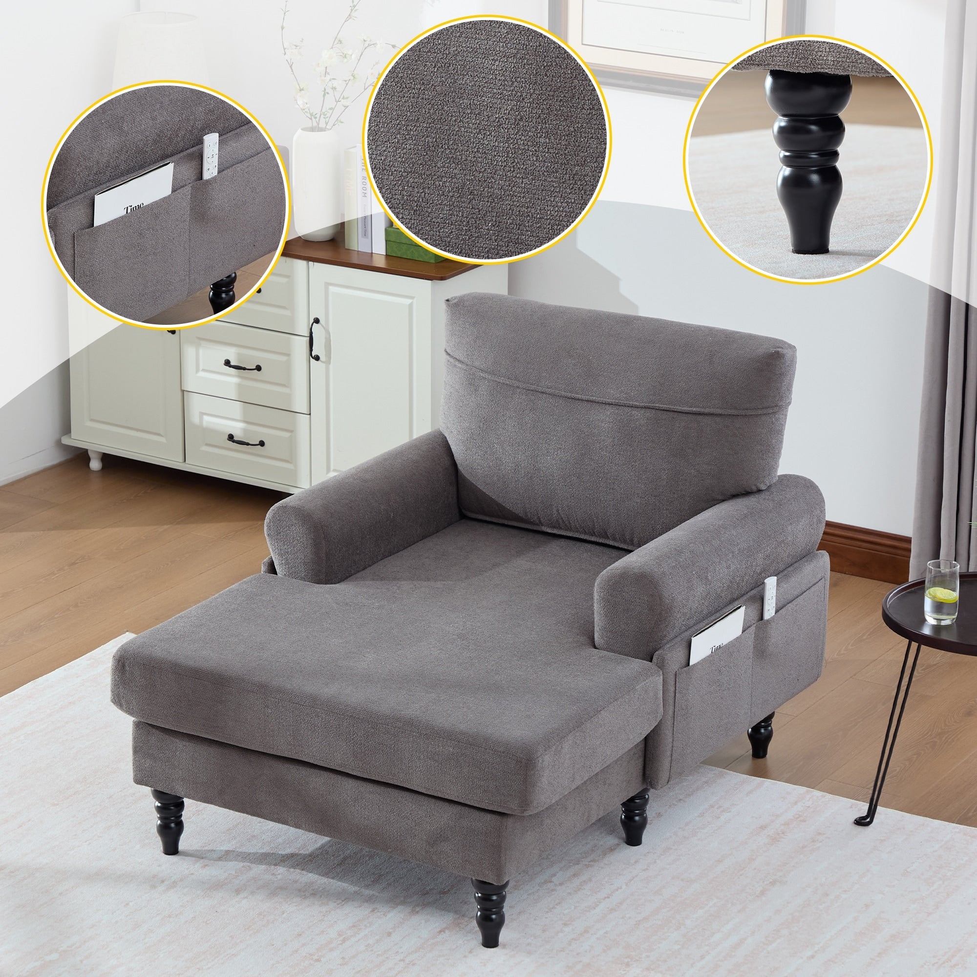 Chenille Fabric Chaise Lounge Recliner Single Sofa Rest Chair Wooden Sofa Legs With Comfortable Backrest And Side Pockets