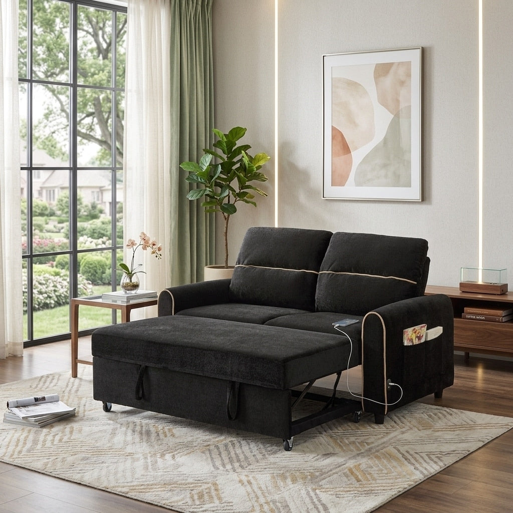 Chenille Pull Out Loveseat Sleeper Sofa Bed With 3 Position Adjustable Backrest By Harper Bright Designs