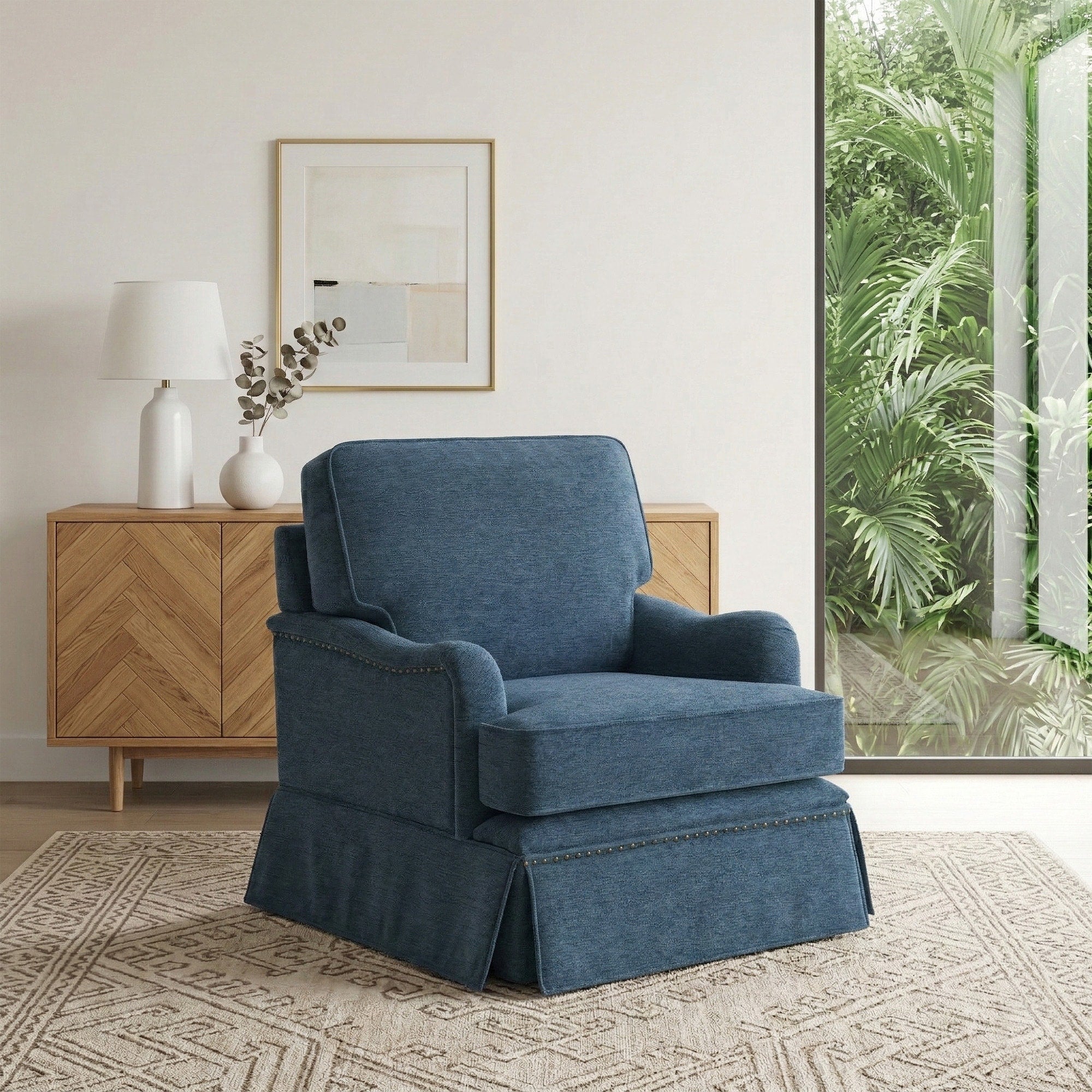 Chenille Swivel Accent Chair With Nailhead Trim Skirt