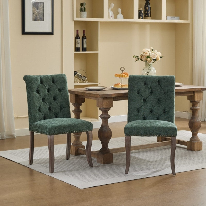 Chenille Tufted Dining Chair With Curved Solid Wood Legs Set Of 2