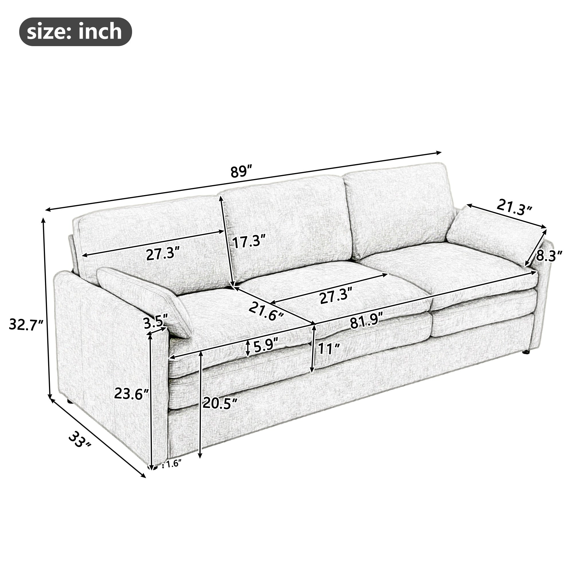 Chenille Upholstered 3 Seater Sofa Cloud Couch With Removable Lumbar Pillow Oversized Sofa With Double Cushion