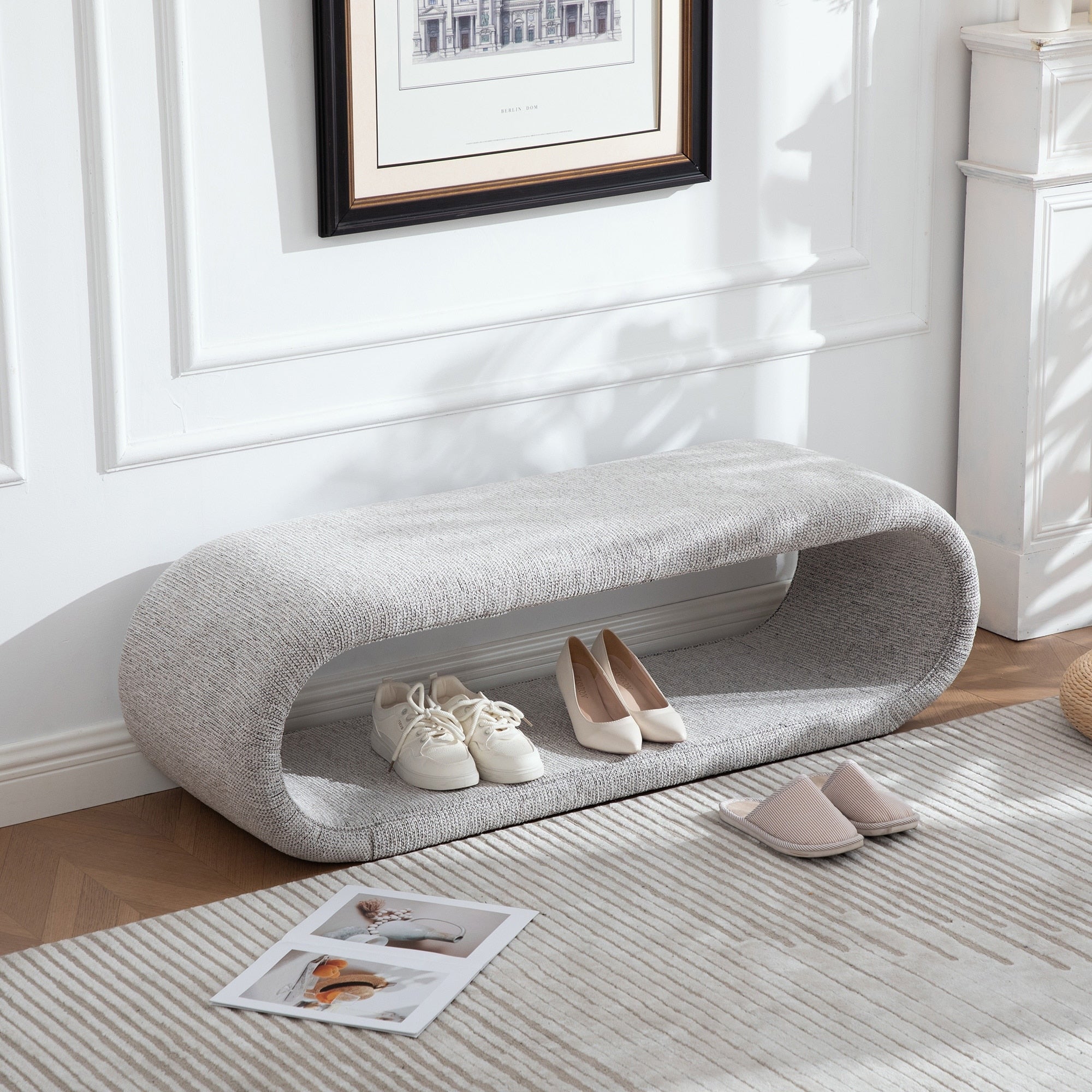 Chenille Upholstered Bench With Solid Wood And Iron Frame For Entryway