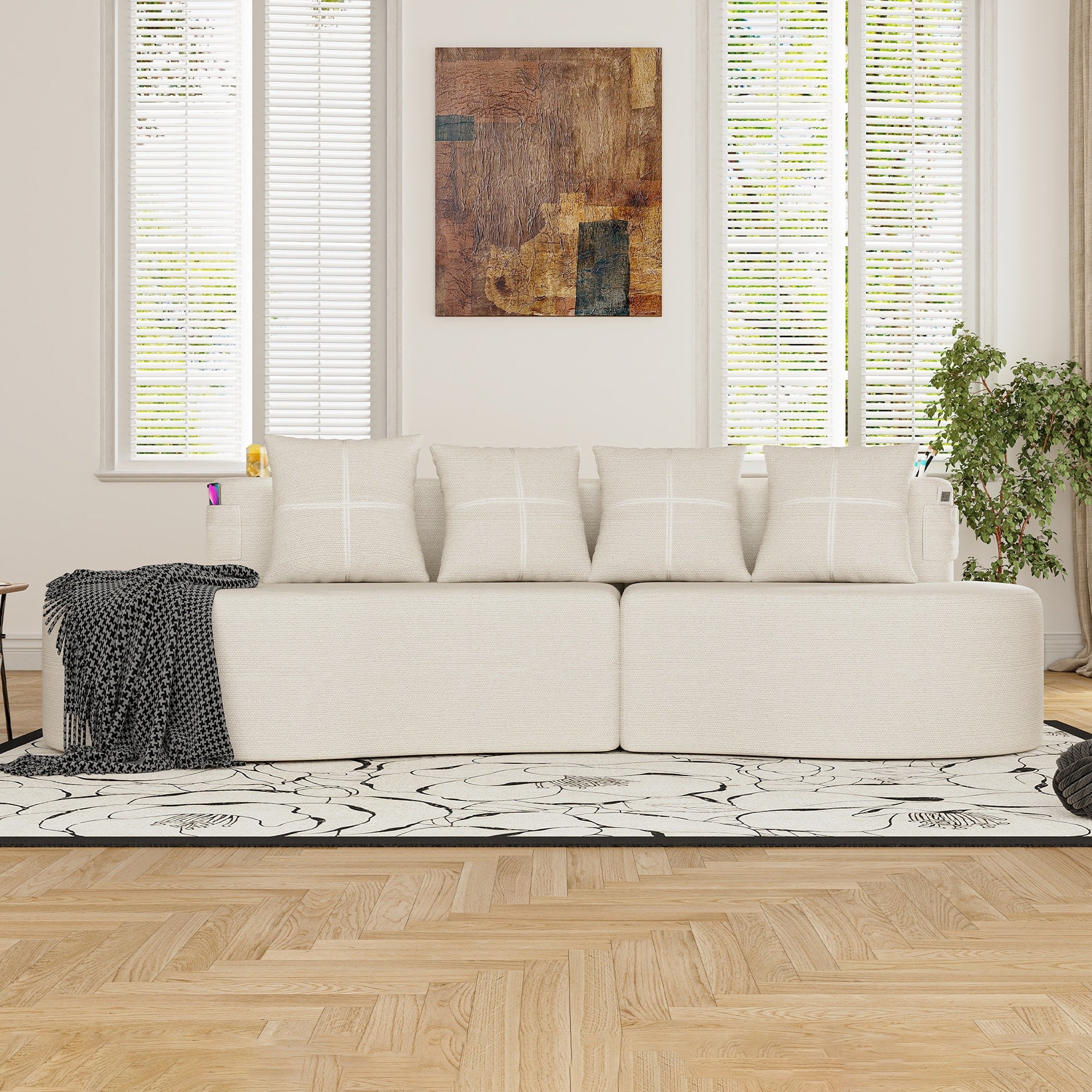 Chenille Upholstered Curved 3 Seat Minimalist Compressed Modular Sectional Sofa