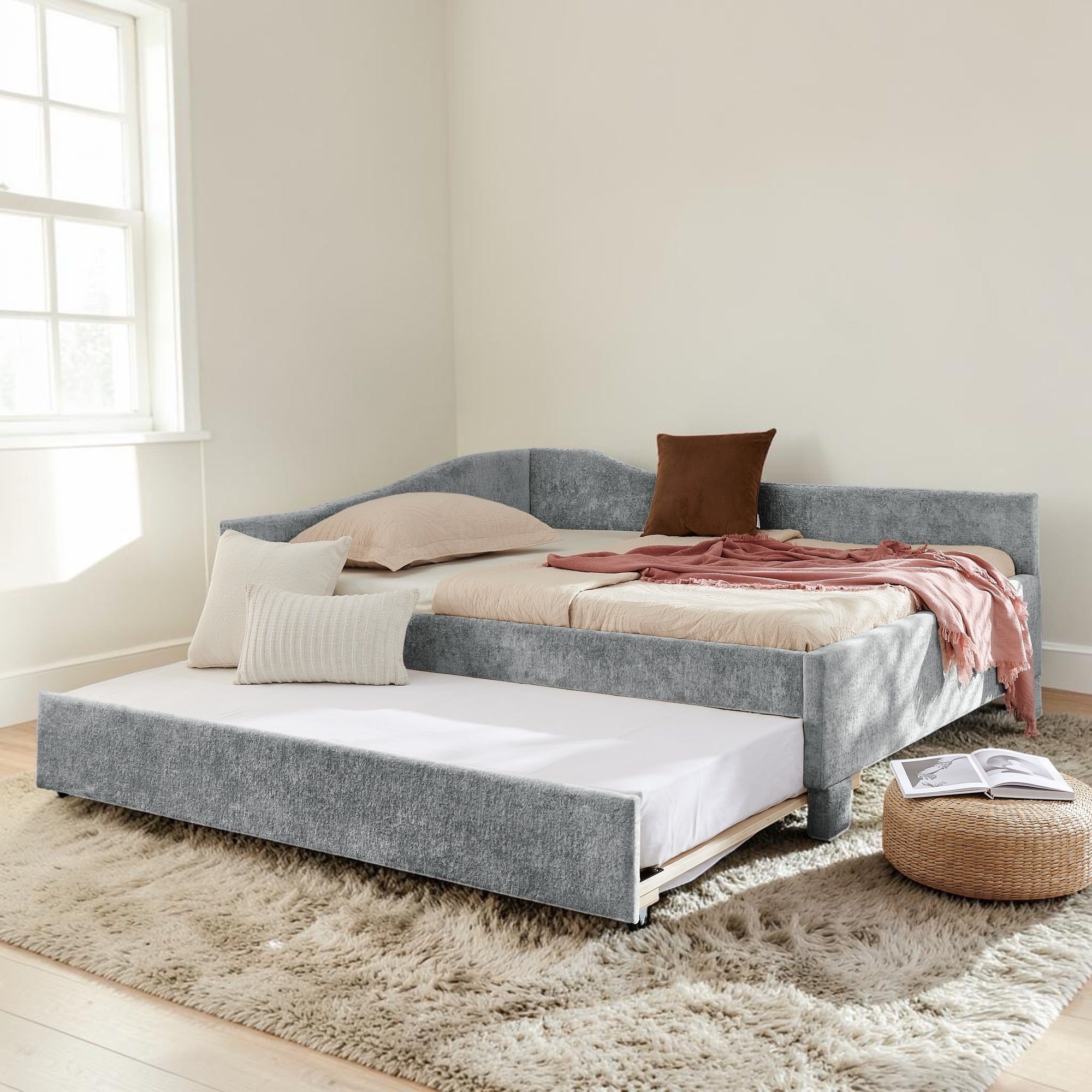Chenille Upholstered Daybed With Trundle And Usb Port Nailhead Trim Sofa Bed For Guest Room