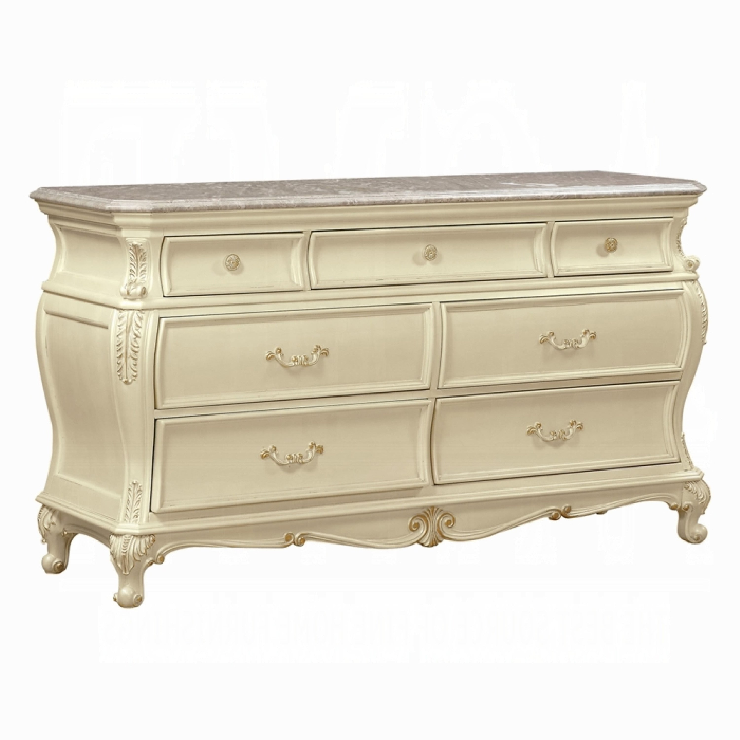 Cheny 66 Inch Dresser 7 Drawers Granite Top Baroque Style Pearl White