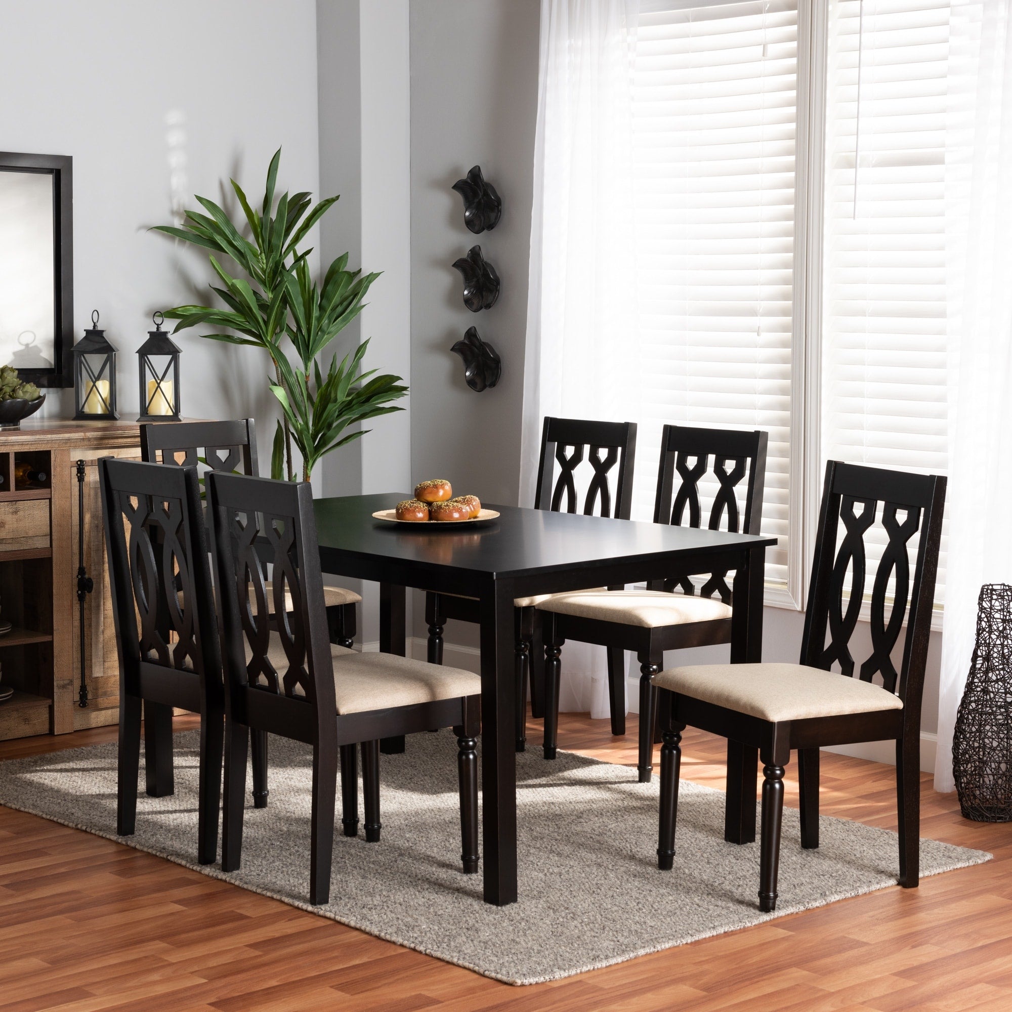 Cherese Sand Fabric Upholstered And Dark Brown Wood 7 Piece Dining Set