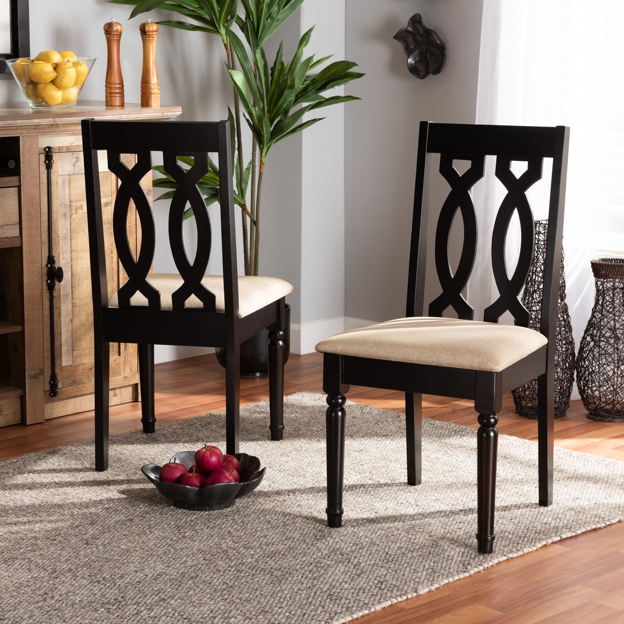 Cherese Sand Fabric And Dark Brown Finished Wood 2 Pc Dining Chair Set